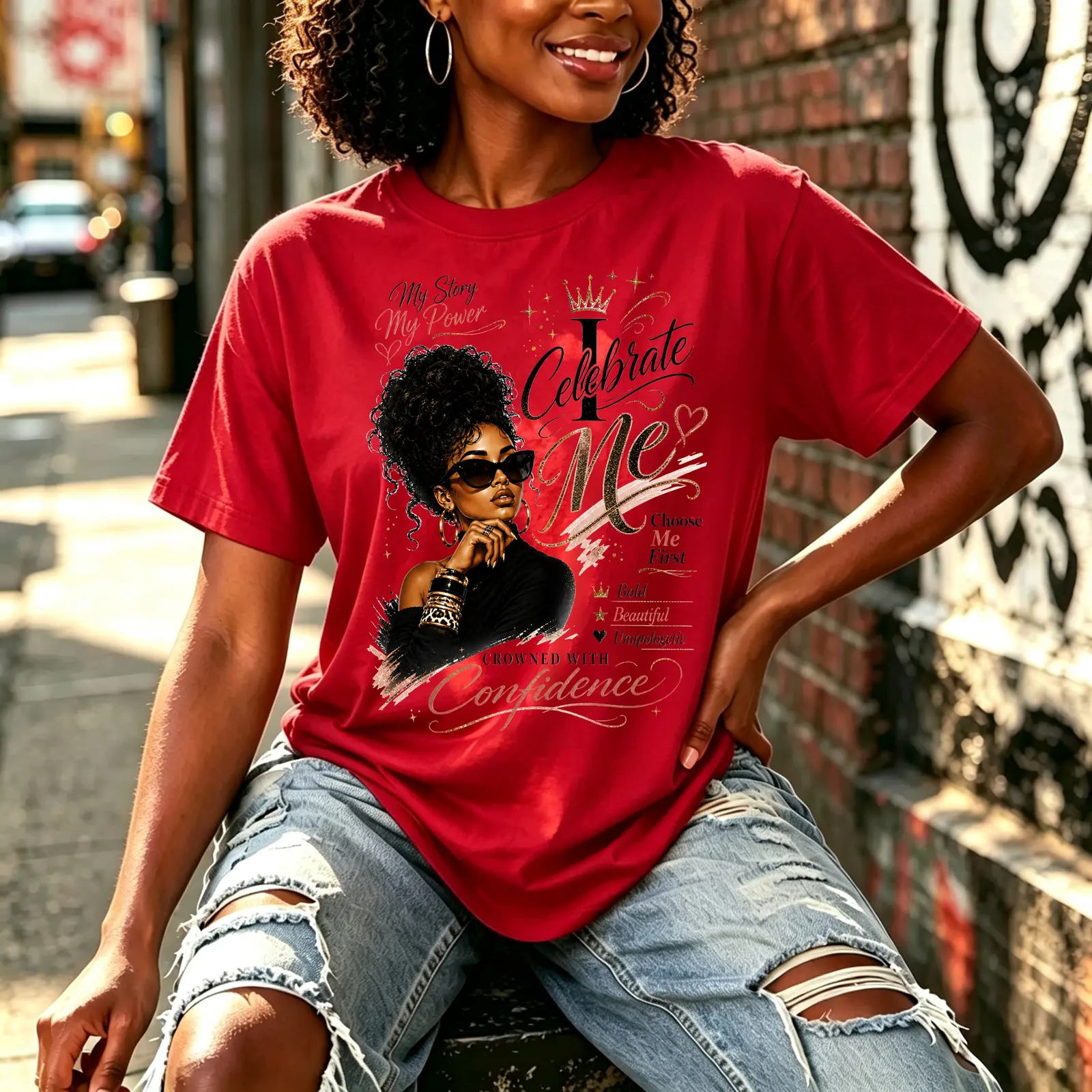 Celebrate Me Black Queen My Story My Power Crowned With Confidence Graphic Tee, Positive Affirmation Women's Cotton Streetwear T-Shirt