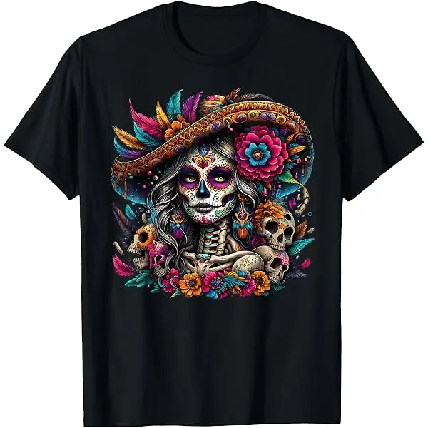 Day of the Dead La Catrina Sugar Skull Graphic Tee, Distressed Look Dark Aesthetic Streetwear T-Shirt, Creepy Cute Alt Girl Women's Shirt