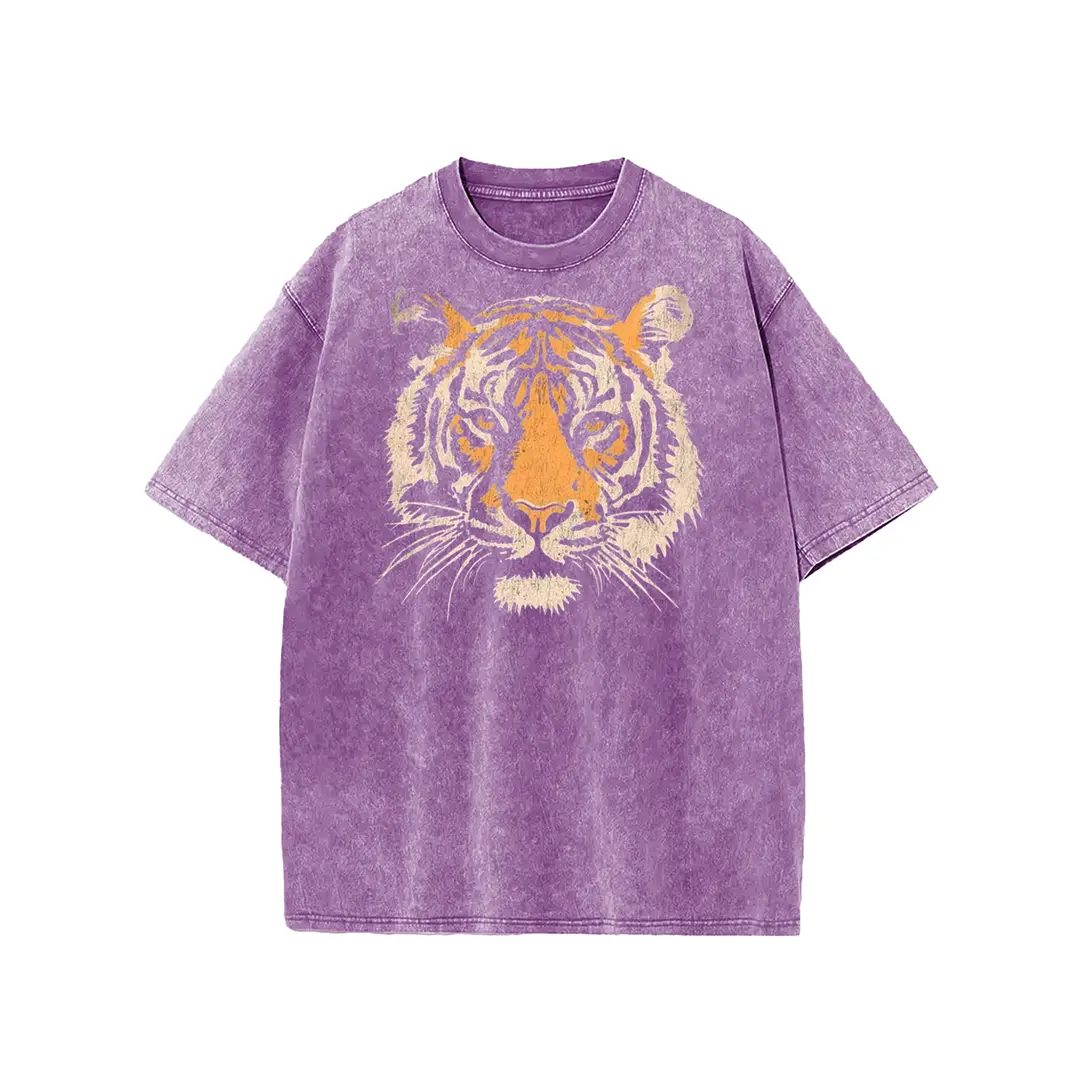 Acid Washed Tiger Face Graphic Tee, Vintage Wild Animal Print Heavy Cotton Loose Fit Oversized Streetwear Unisex T-Shirt