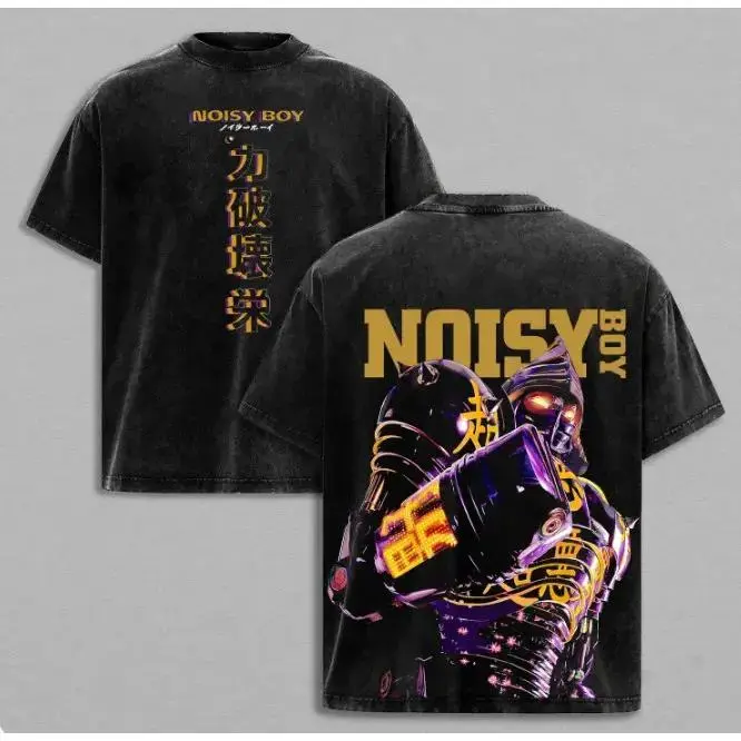 Real Steel Noisy Boy Robot Boxing Graphic Tee, Vintage Washed Oversized Heavyweight Double-Sided T-Shirt, Retro Movie Merch Edgy Streetwear