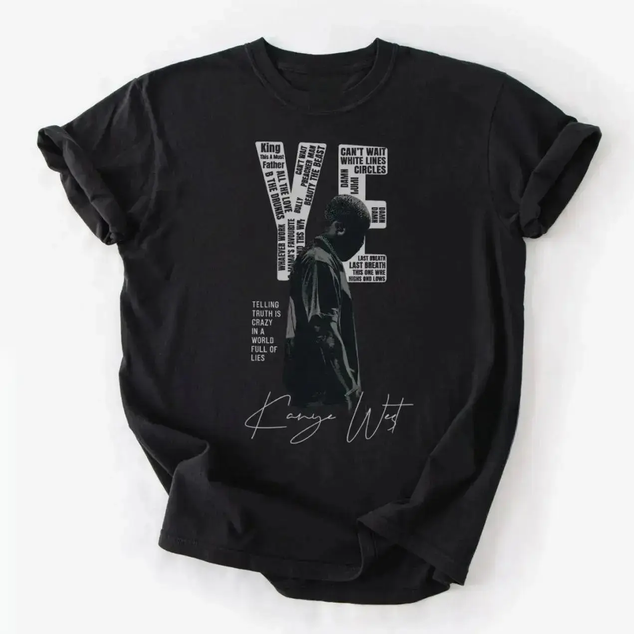 Kanye West Ye Vintage 90s Bootleg Style Rapper Graphic Tee, Retro Hip Hop Rap Music Portrait Print Black Unisex Classic Fit Cotton T-Shirt