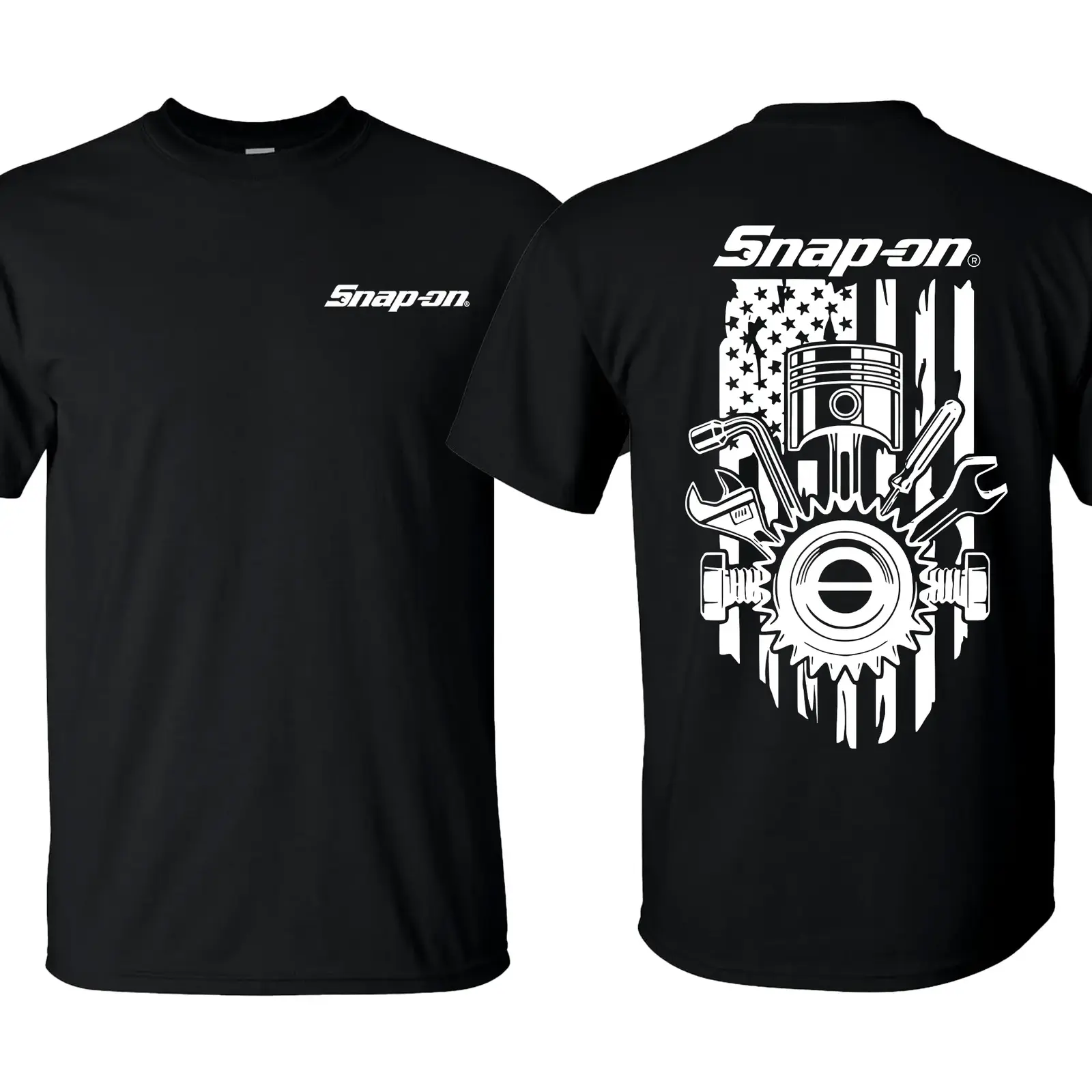Snap-On American Flag Mechanic Graphic Tee, Front and Back Print Garage Auto Technician Unisex Crewneck Streetwear T-Shirt