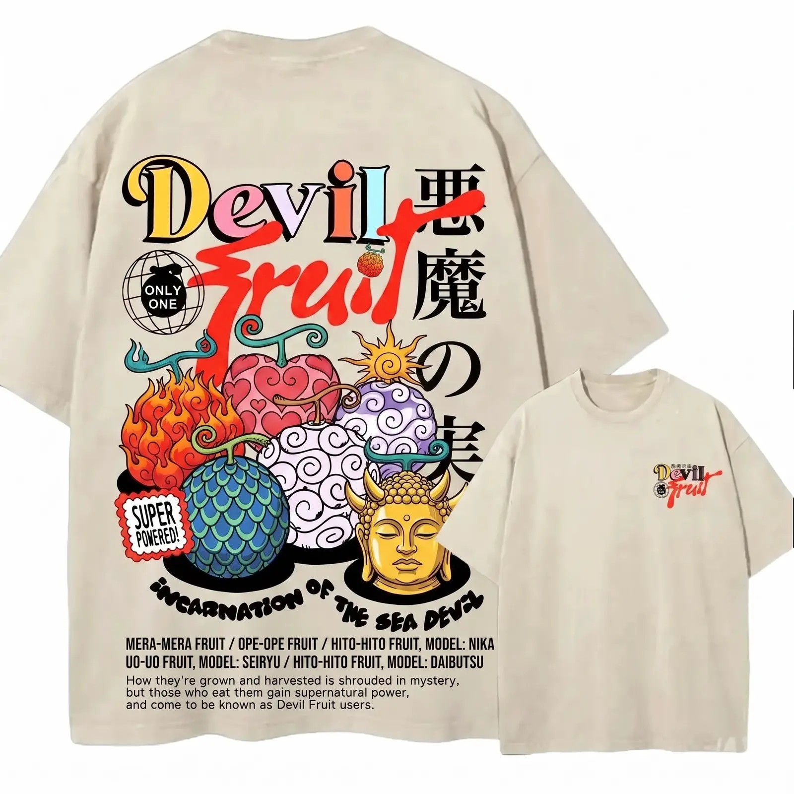 One Piece Devil Fruit Anime Graphic Tee, Retro Manga Acid Wash Oversized Loose Fit Crewneck T-Shirt with Front and Back Print, Cotton Streetwear