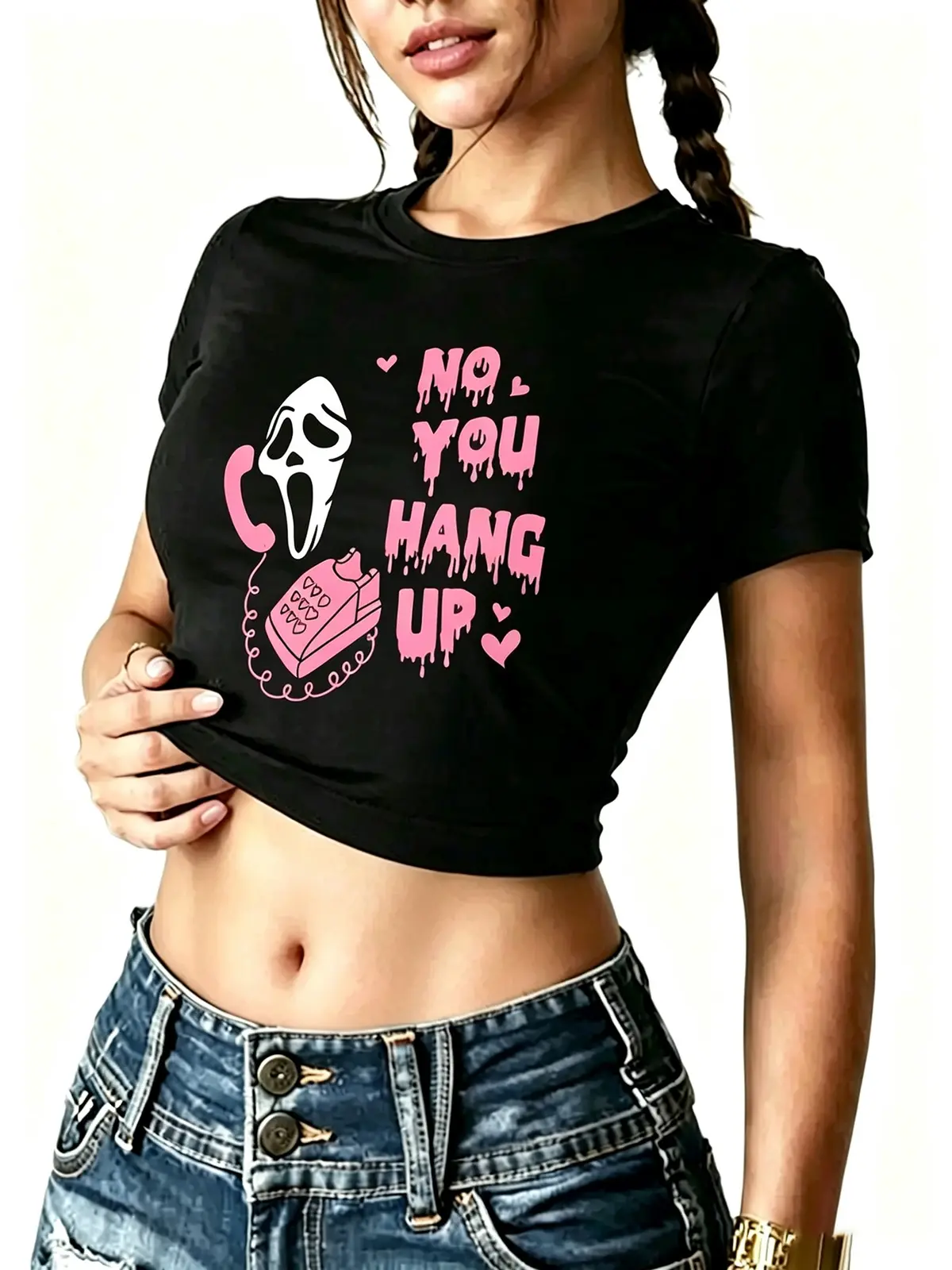 No You Hang Up Ghost Face Halloween Crop Top, Scream Horror Movie Vintage Phone Pink Heart Letter Print, Women's Fitted Short Sleeve Graphic Tee