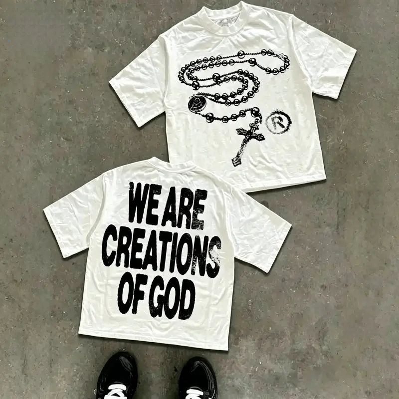 We Are Creations Of God Rosary Cross Graphic Tee, Y2K High Street Christian Religious Slogan Front and Back Print Unisex Cotton T-Shirt
