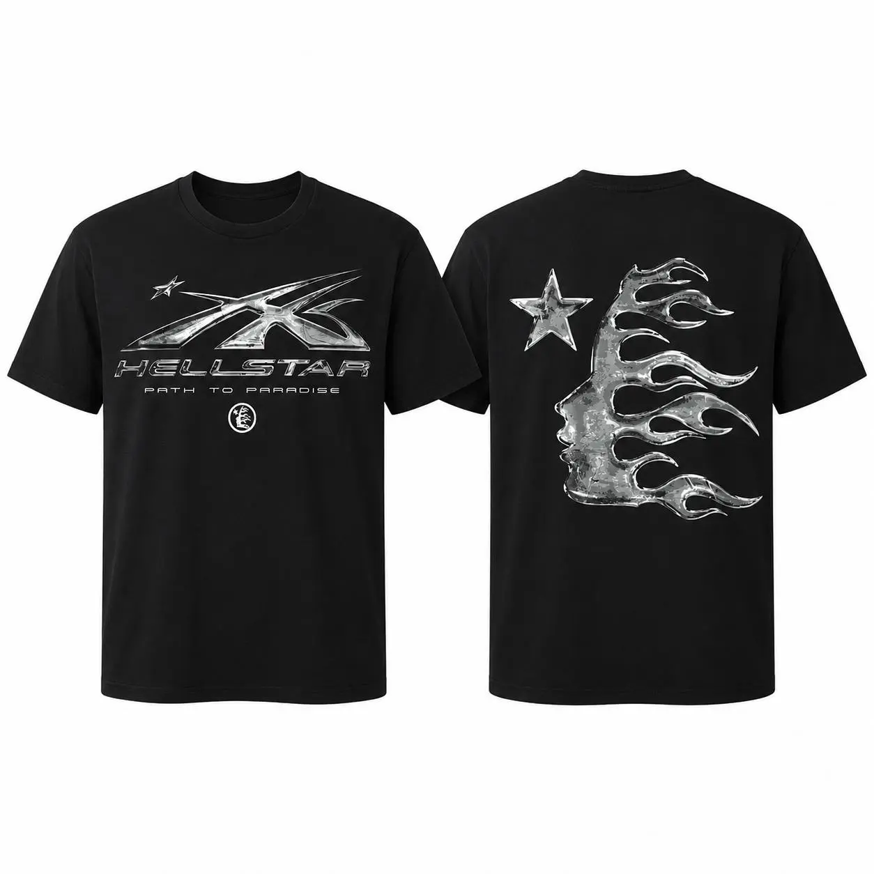 Hellstar Path To Paradise Star Logo and Flame Face Graphic Tee, Y2K Vintage Streetwear Double-Sided Print Soft Cotton Unisex T-Shirt