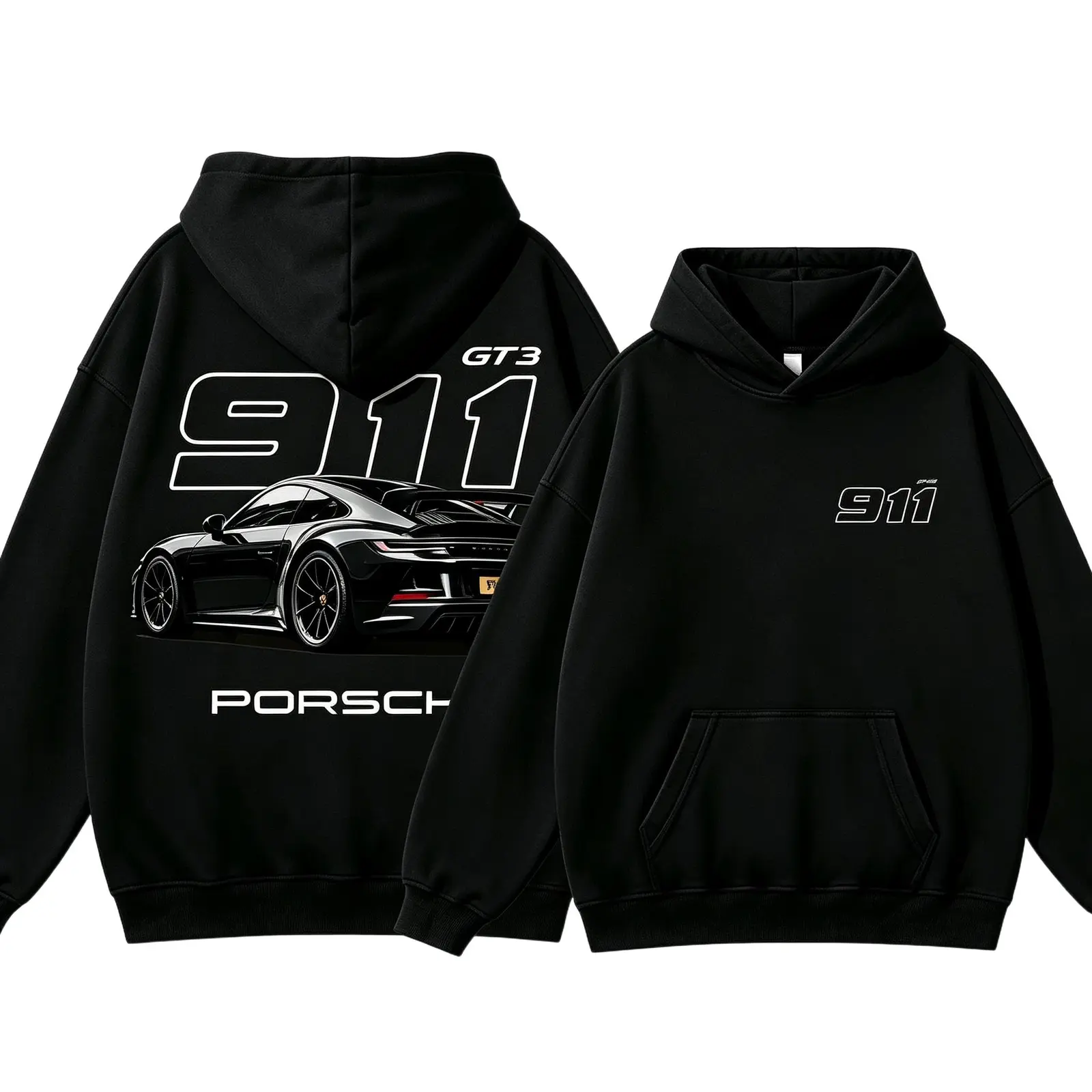 Porsche 911 GT3 Graphic Hoodie, Retro Sports Car Front and Back Print Vintage Streetwear Unisex Pullover Hoodie for Car Enthusiasts