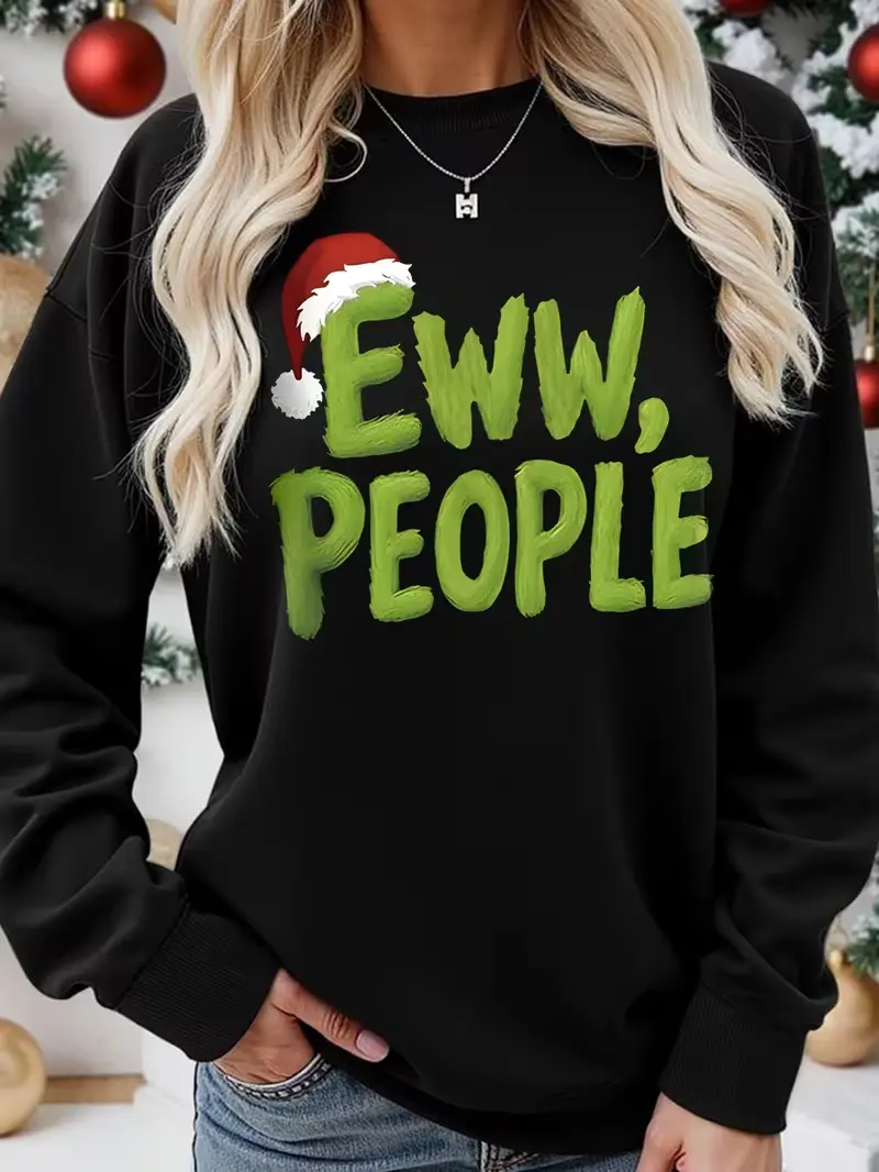 Eww People Grinch Style Christmas Graphic Crewneck Sweatshirt, Funny Holiday Vintage Retro Casual Pullover for Women and Men