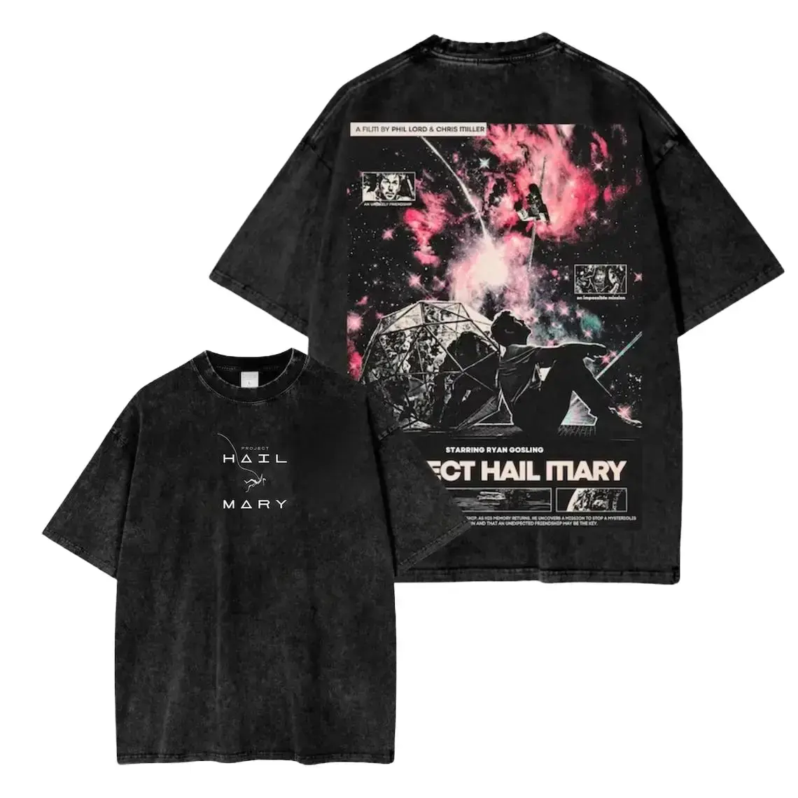 Project Hail Mary Sci-Fi Movie Poster Graphic Tee, Ryan Gosling Space Artwork Vintage Washed Double-Sided Print Oversized Unisex T-Shirt
