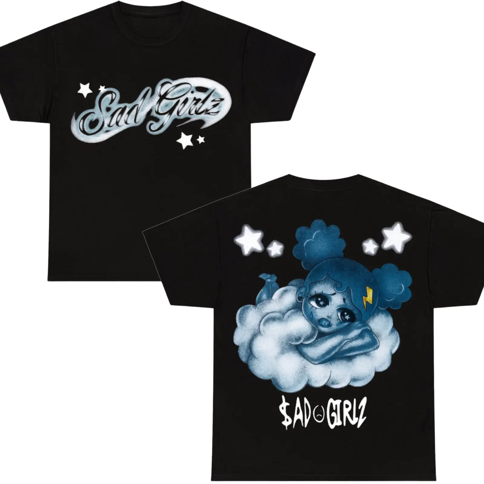 Vintage Sad Girlz Graphic Tee, Cloudy Emo Vibes Cute Anime Girl Front and Back Print, Trendy Y2K Streetwear Black Unisex Cotton T-Shirt