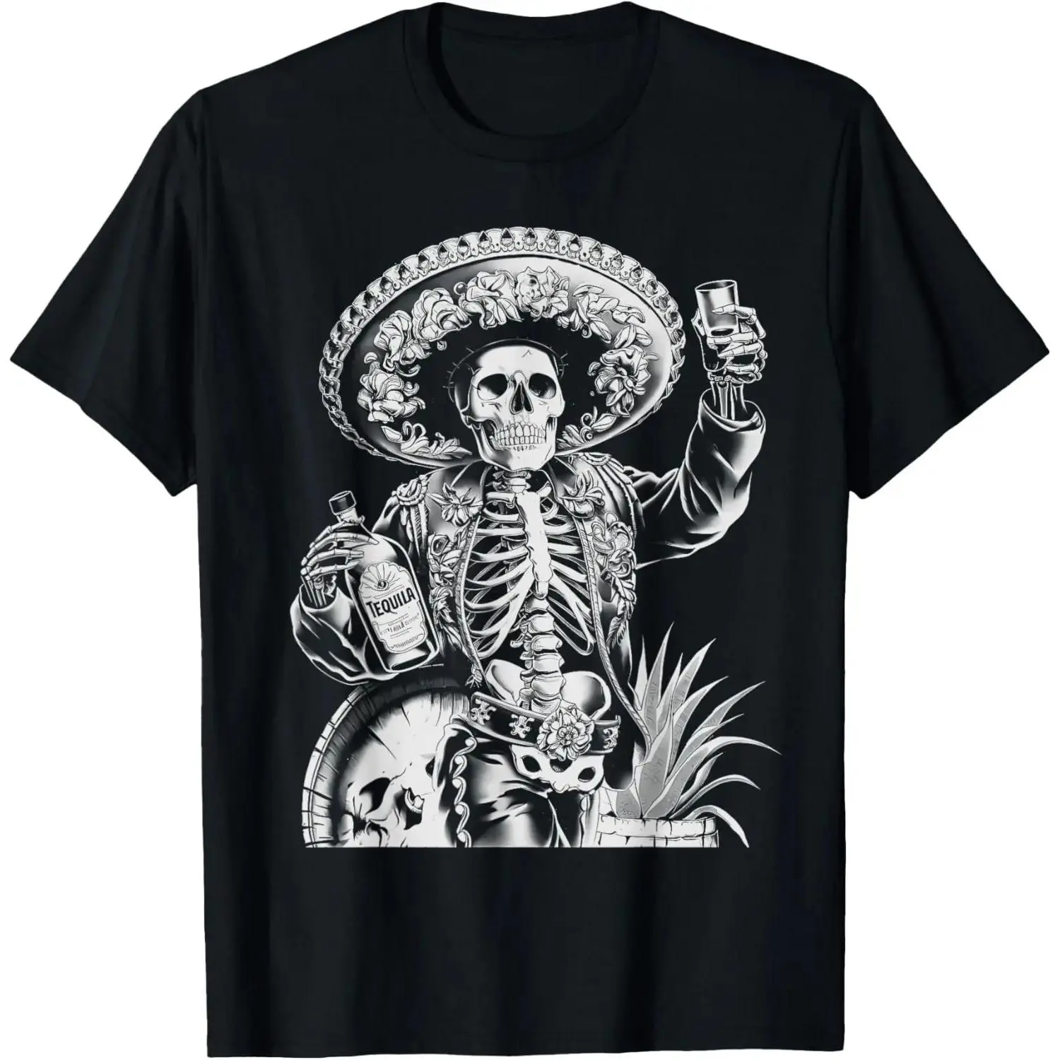 Mexico Vintage Skeleton Tequila Dia De Los Muertos Graphic Tee, Mexican Sugar Skull Catrin with Sombrero Day of the Dead Black T-Shirt