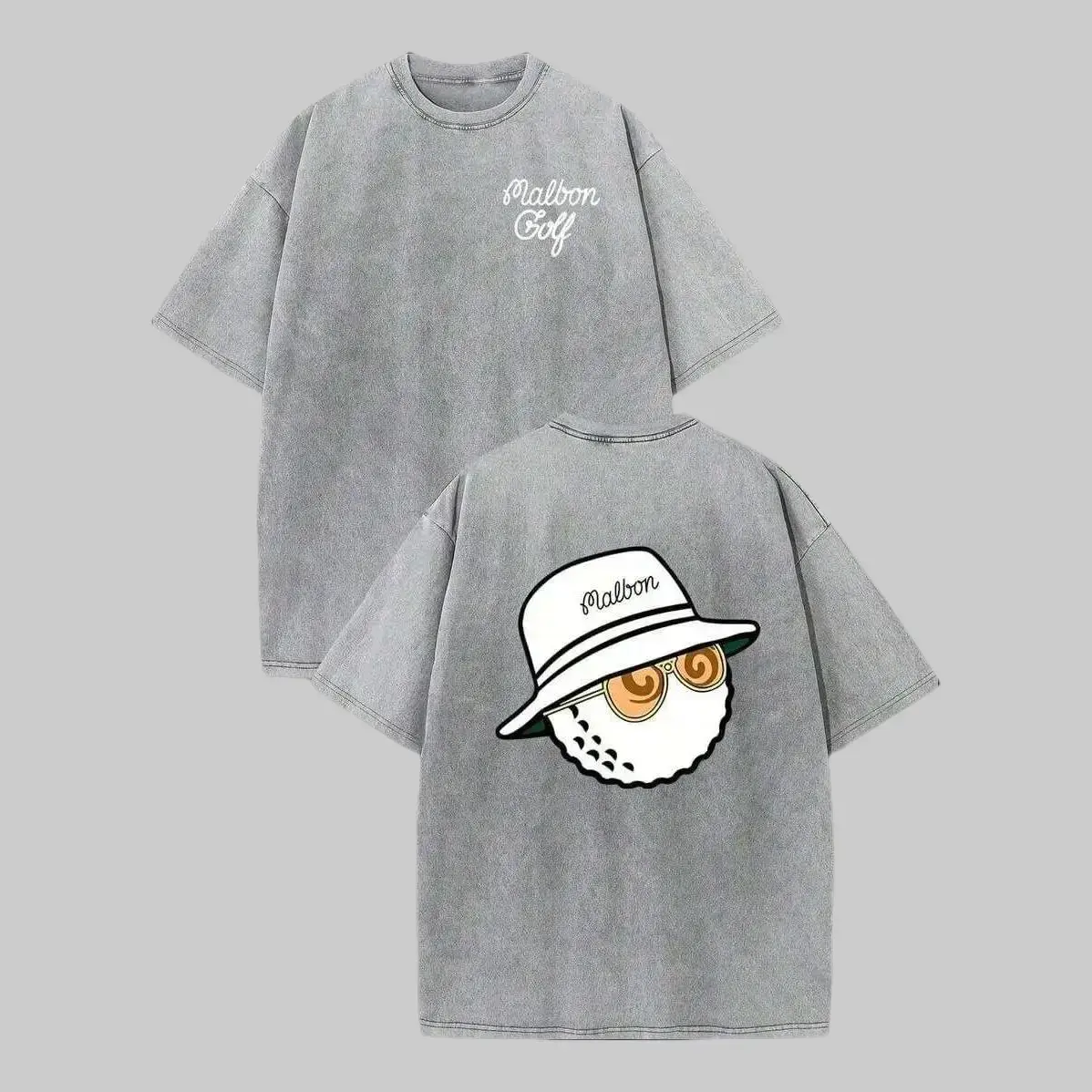 Malbon Golf Bucket Hat Golf Ball Mascot Vintage Washed Heavyweight Tee, Retro Hip Hop Streetwear Front and Back Print Oversized T-Shirt