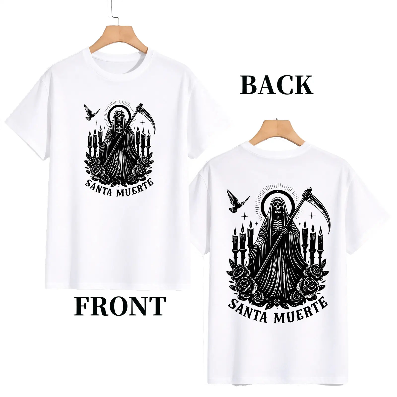 Santa Muerte Skull Rose Print Washed Tee, Vintage Gothic Halloween Double-Sided Graphic T-Shirt, Hoodie and Sweatshirt, Alternative Streetwear
