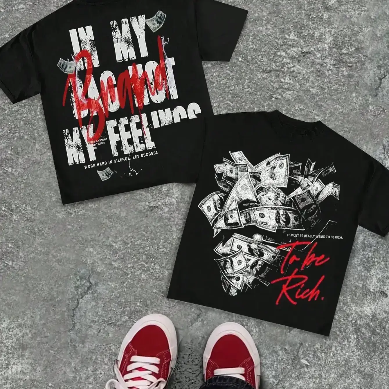 In My Bag Not My Feelings Hustle Money Graphic Tee, To Be Rich Statement Two-Sided Print, Y2K Hip-Hop Streetwear Oversized Black T-Shirt