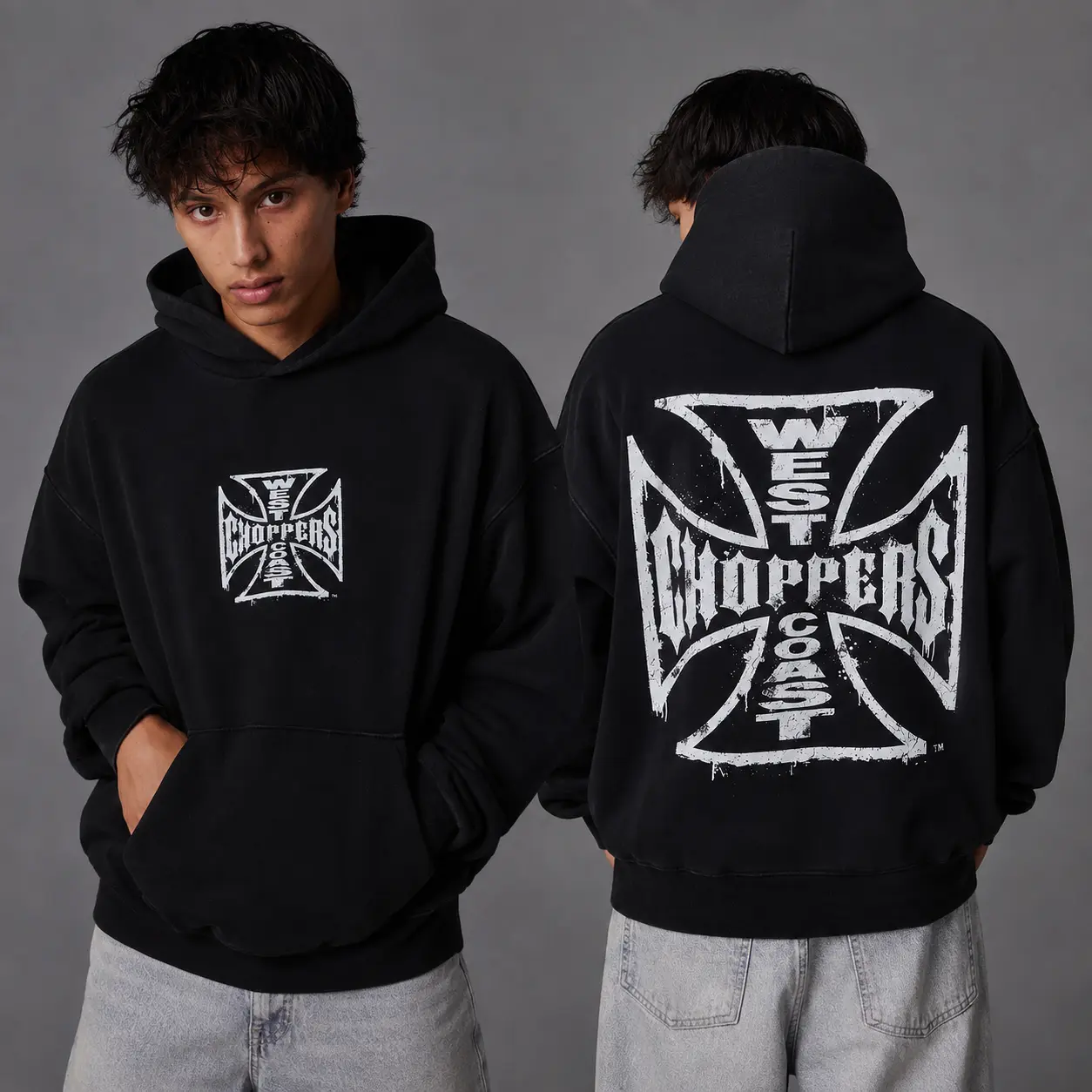 West Coast Choppers Iron Cross Biker Graphic Tee, Vintage Streetwear Double-Sided Print Oversized Unisex T-Shirt, Sweatshirt and Hoodie