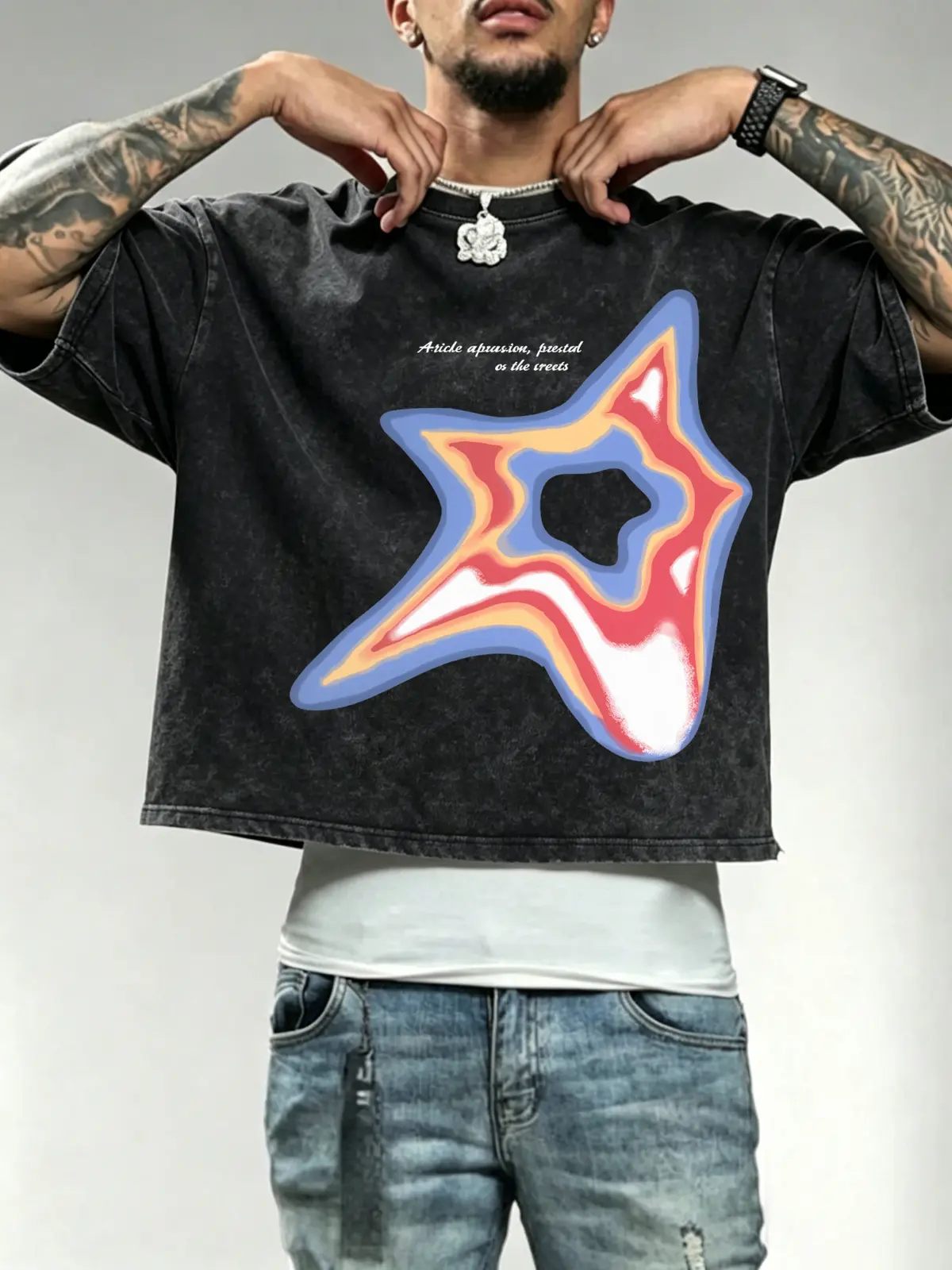 Abstract Thermal Star Graphic Washed T-Shirt, Minimalist Slogan Vintage Acid Wash Tee, Boxy Cropped Loose Fit Heavyweight Cotton Streetwear Top