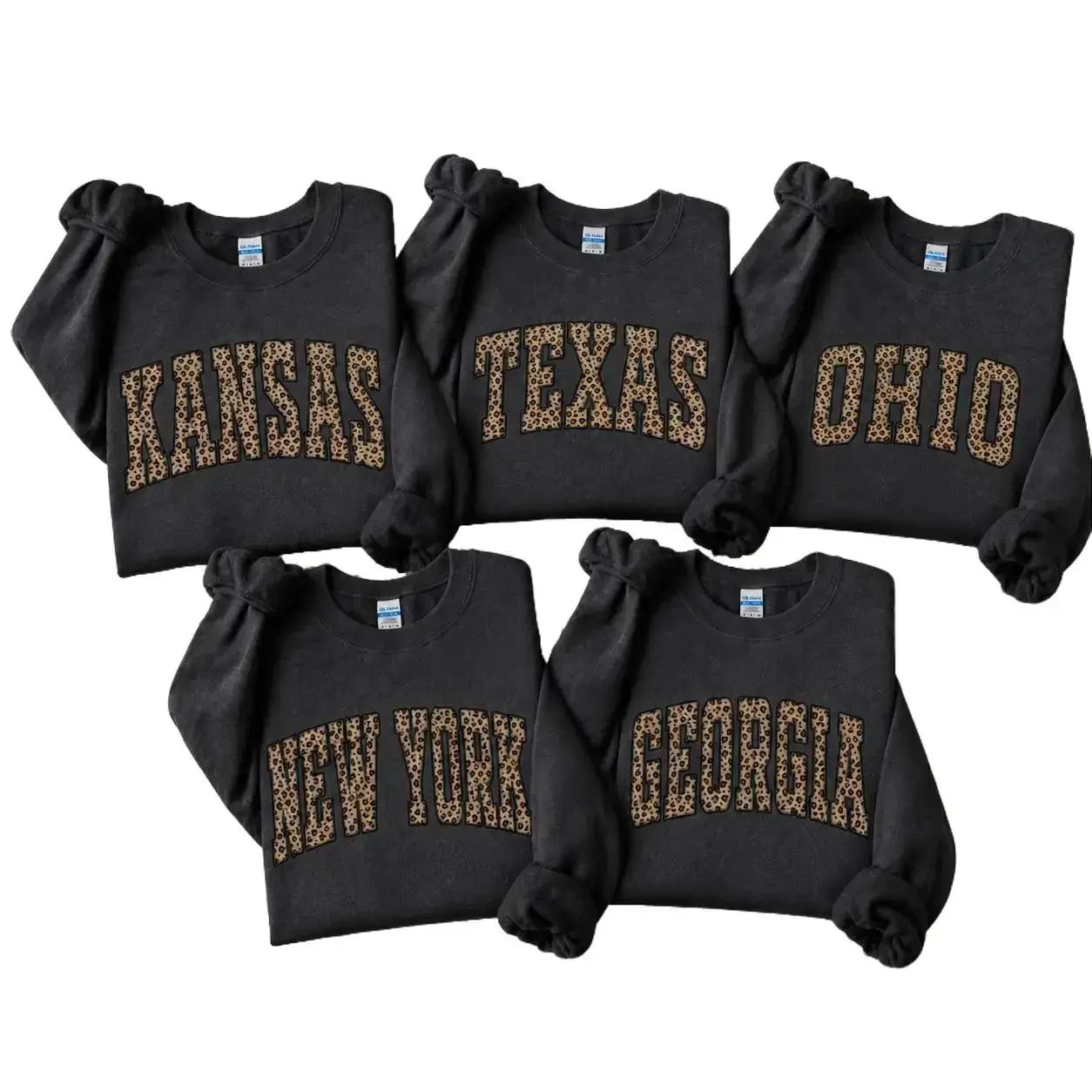 Leopard Print State Name Sweatshirt, Vintage College Letter Kansas Texas Ohio Georgia New York Crewneck, Unisex Cheetah Hometown Pullover