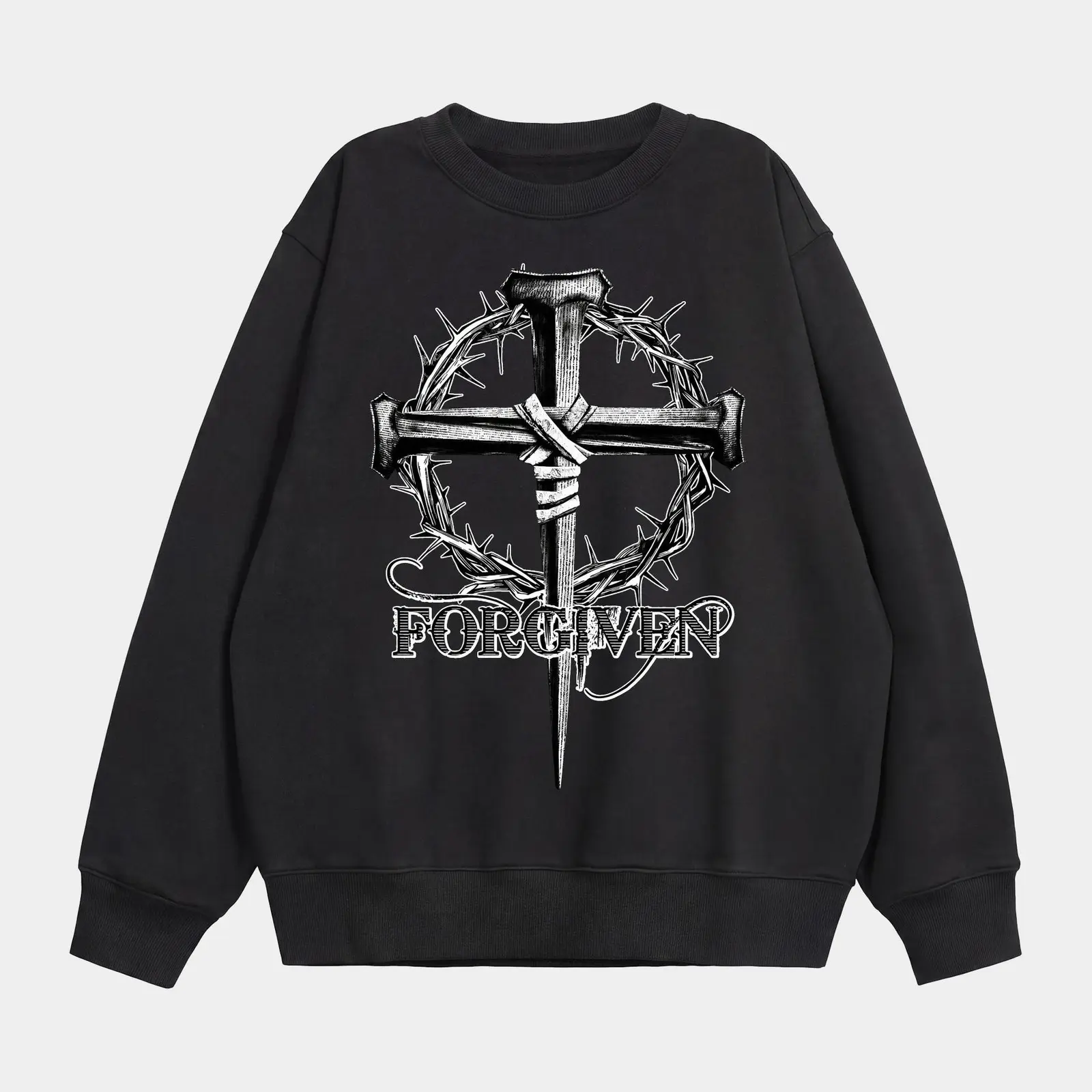 Forgiven Cross and Thorns Jesus Christian Graphic Tee, Retro Vintage Washed Heavyweight Oversized T-Shirt and Sweatshirt, Dark Grunge Streetwear