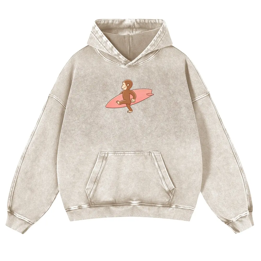 Curious George Surfing Graphic Washed Hoodie, Y2K Vintage Cartoon Monkey Surfboard Print Thick Cotton Blend Oversized Unisex Pullover Hoodie