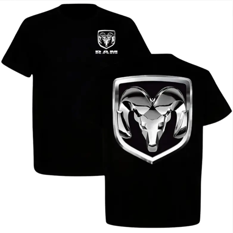 Ram Trucks Logo Graphic Tee for Truck Enthusiasts, Chrome Ram Head Emblem Double-Sided Print Casual Sports Loose Fit Cotton T-Shirt