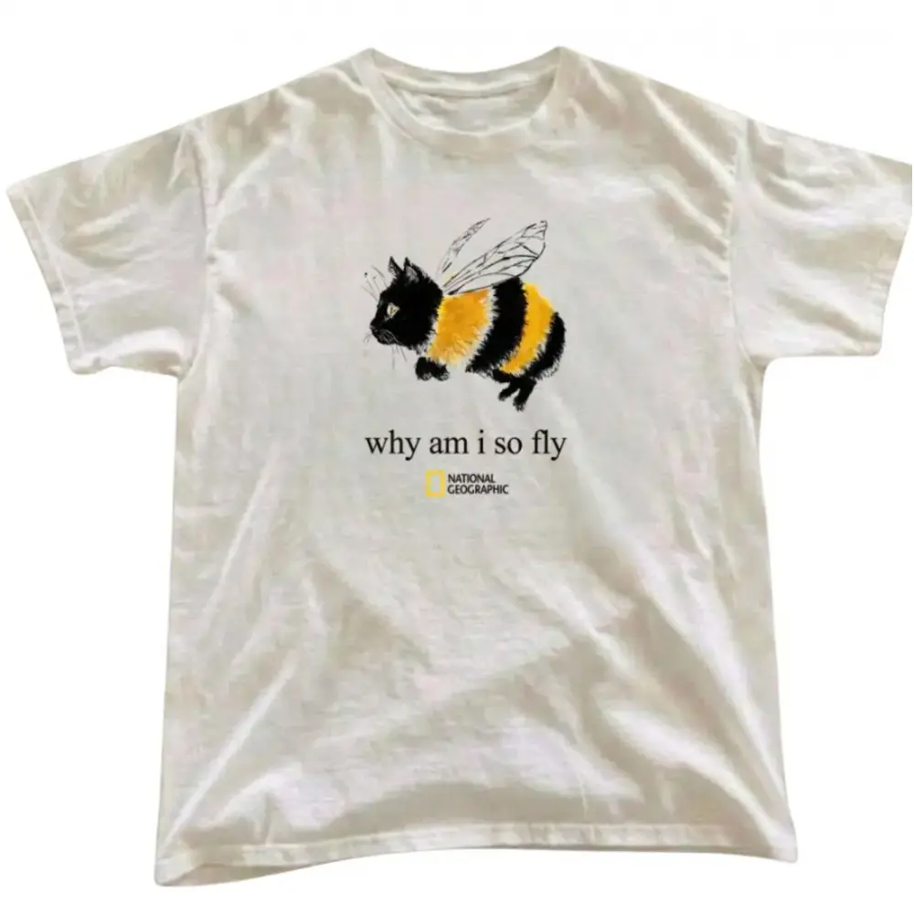 Bumblebee Cat Why Am I So Fly Funny Graphic Tee, National Geographic Logo Cute Cat Lover Animal T-Shirt, Unisex Pure Cotton Summer Streetwear