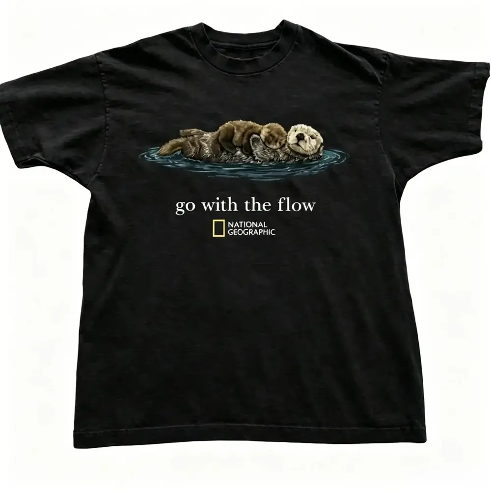 Go With the Flow Sea Otter National Geographic Graphic Tee, Cute Floating Otters Vintage Style Nature Animal Lover Unisex Cotton T-Shirt