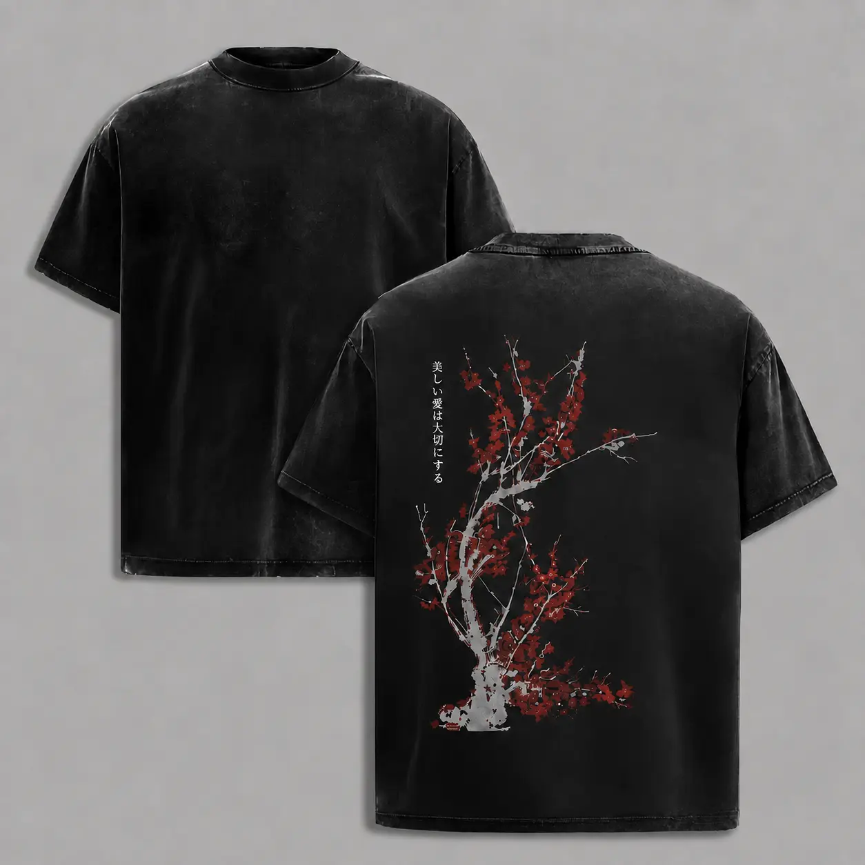 Japanese Cherry Blossom Branch Back Print Graphic Hoodie, Nature Lover Oversized Pullover Sweatshirt and Washed T-Shirt, Y2K Streetwear Unisex