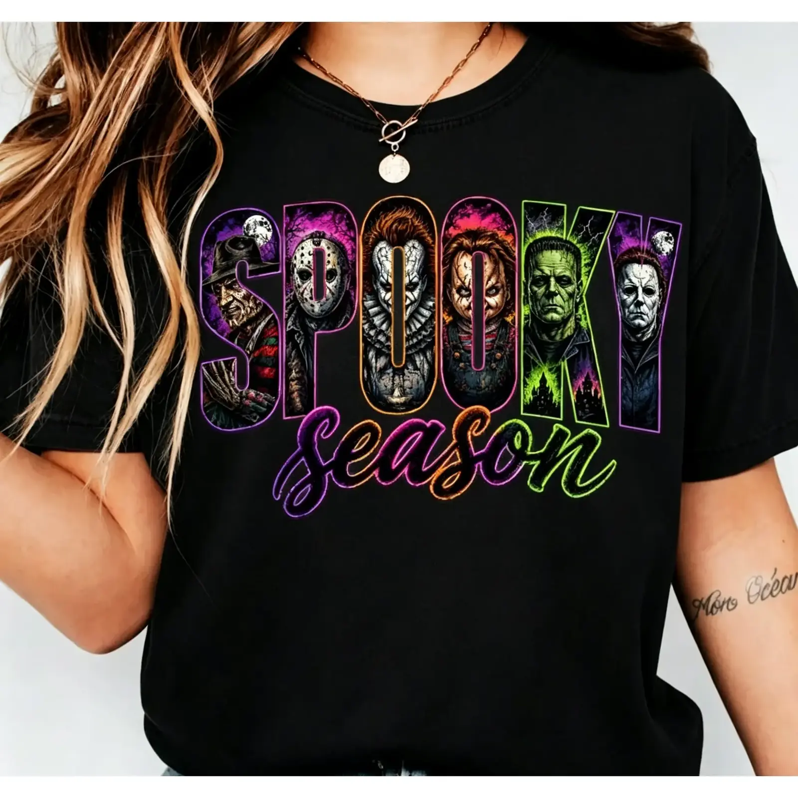 Spooky Season Horror Movie Characters Halloween Graphic Tee, Retro Scary Movie Vintage Horror Villains Fall Unisex Cotton T-Shirt