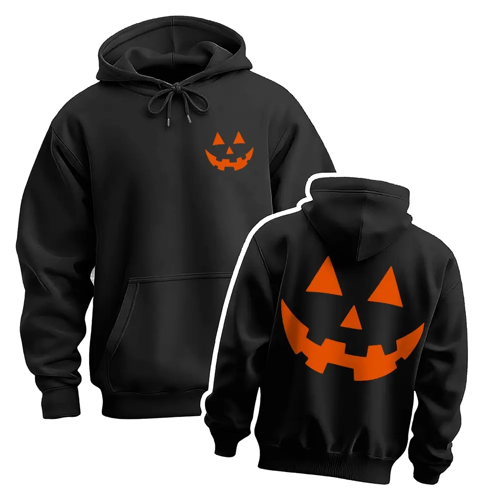 Vintage Halloween Jack O Lantern Pumpkin Face Graphic Hoodie, Minimal Spooky Front and Back Print Oversized Unisex Pullover Streetwear Sweatshirt