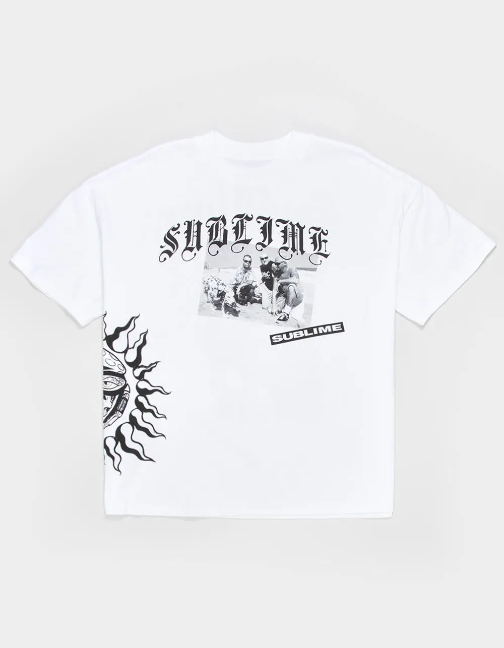 Sublime Long Beach Band Photo Collage Graphic Tee, Vintage Sun Face Logo 90s Ska Punk Rock Music Mens Boxy Fit Double-Sided White T-Shirt