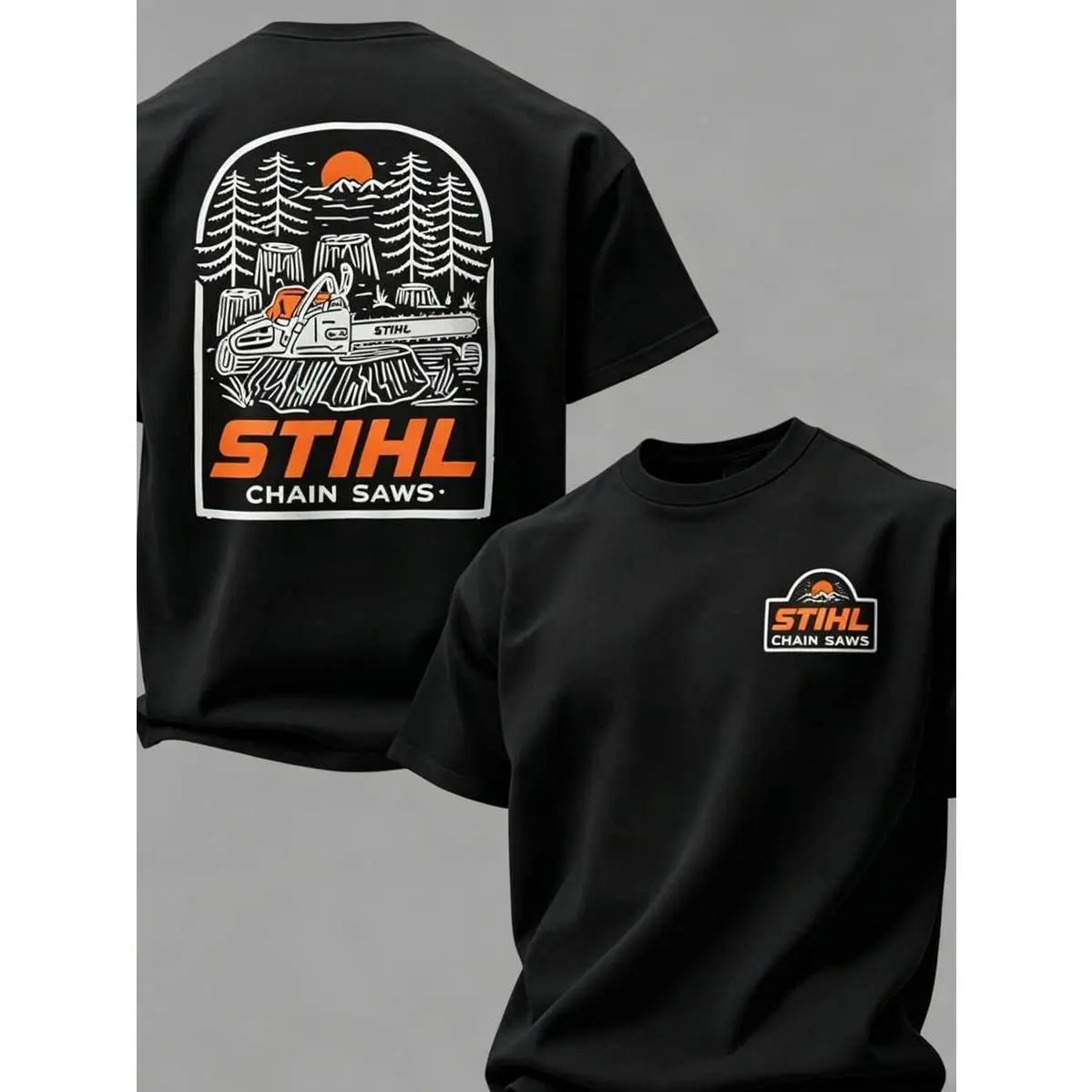 Into The Woods STIHL Chainsaw Graphic Tee, Outdoor Woodworker Forestry Logging Lumberjack Vintage Two-Sided Unisex Work T-Shirt