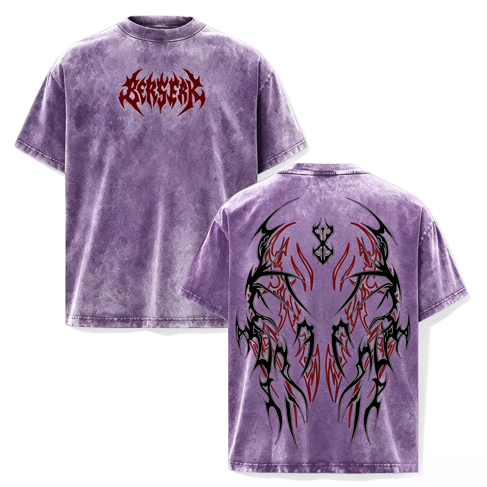 Berserk Brand of Sacrifice Tribal Wings Anime Tee, Vintage Acid Washed Oversized Gym Streetwear T-Shirt, Dark Aesthetic Two-Sided Print
