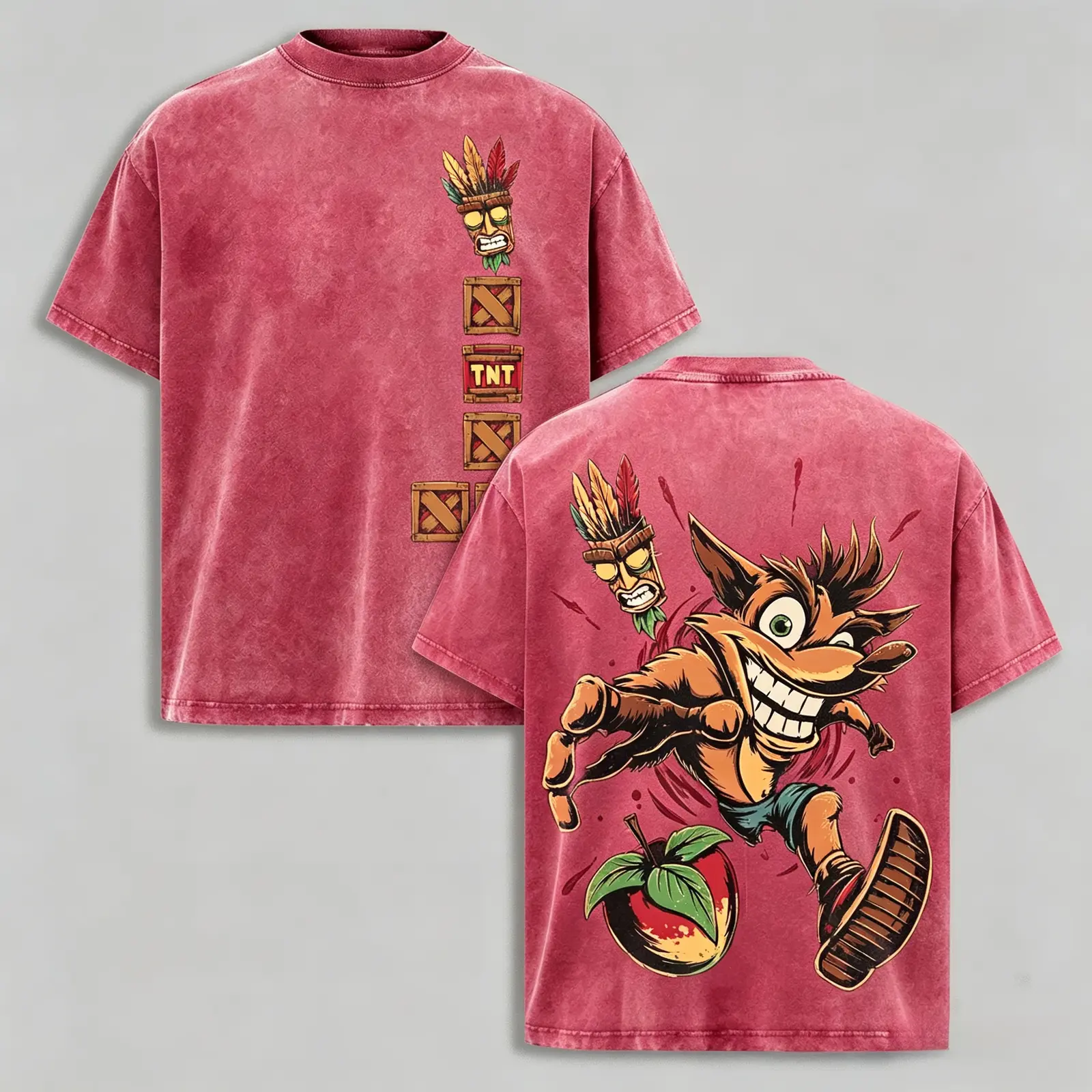 Crash Bandicoot Aku Aku Mask Vintage 90s Graphic Tee, Retro Platform Game Streetwear Two-Sided Print Oversized Heavyweight Washed T-Shirt