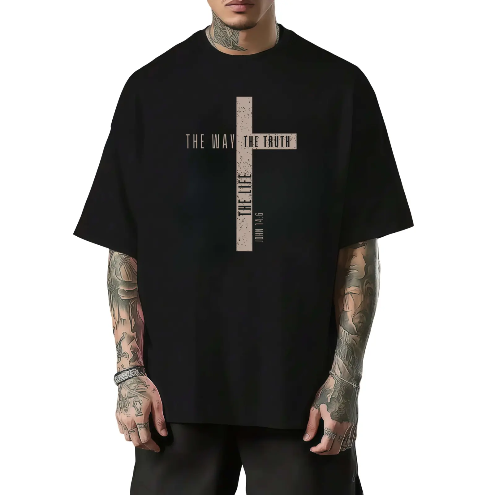 Jesus Is King The Way The Truth The Life John 14 6 Bible Verse Cross Graphic Tee, Christian Faith Men's Oversized Cotton T-Shirt