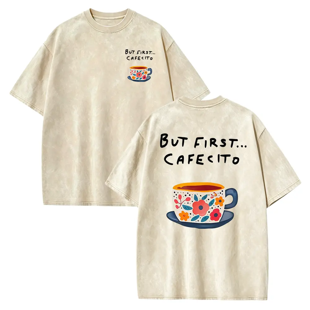 But First Cafecito Coffee Cup Graphic Tee for Women, Vintage Acid Washed Front and Back Print Drop Shoulder T-Shirt for Thanksgiving