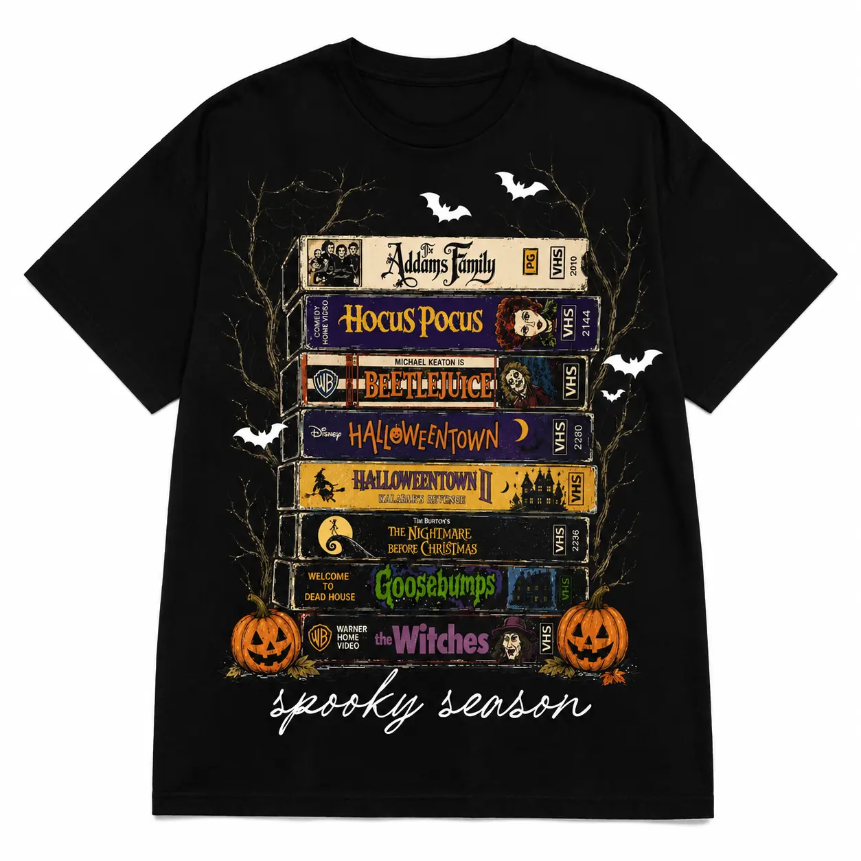 Vintage Halloween Movie VHS Tapes Graphic Tee, Hocus Pocus Beetlejuice Halloweentown Addams Family Goosebumps Retro Spooky Season T-Shirt
