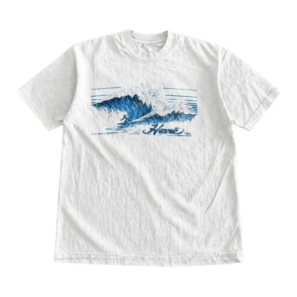 Hawaii Ocean Wave Beach Surf Graphic Tee, Retro Big Wave Surfing Print Island Vacation Streetwear Unisex Short Sleeve Cotton T-Shirt