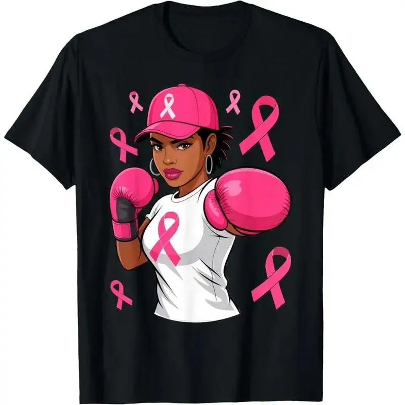 Black African American Woman Fight Breast Cancer Pink Ribbon Boxing Gloves Graphic Tee, Vintage Awareness Support Unisex Women's T-Shirt