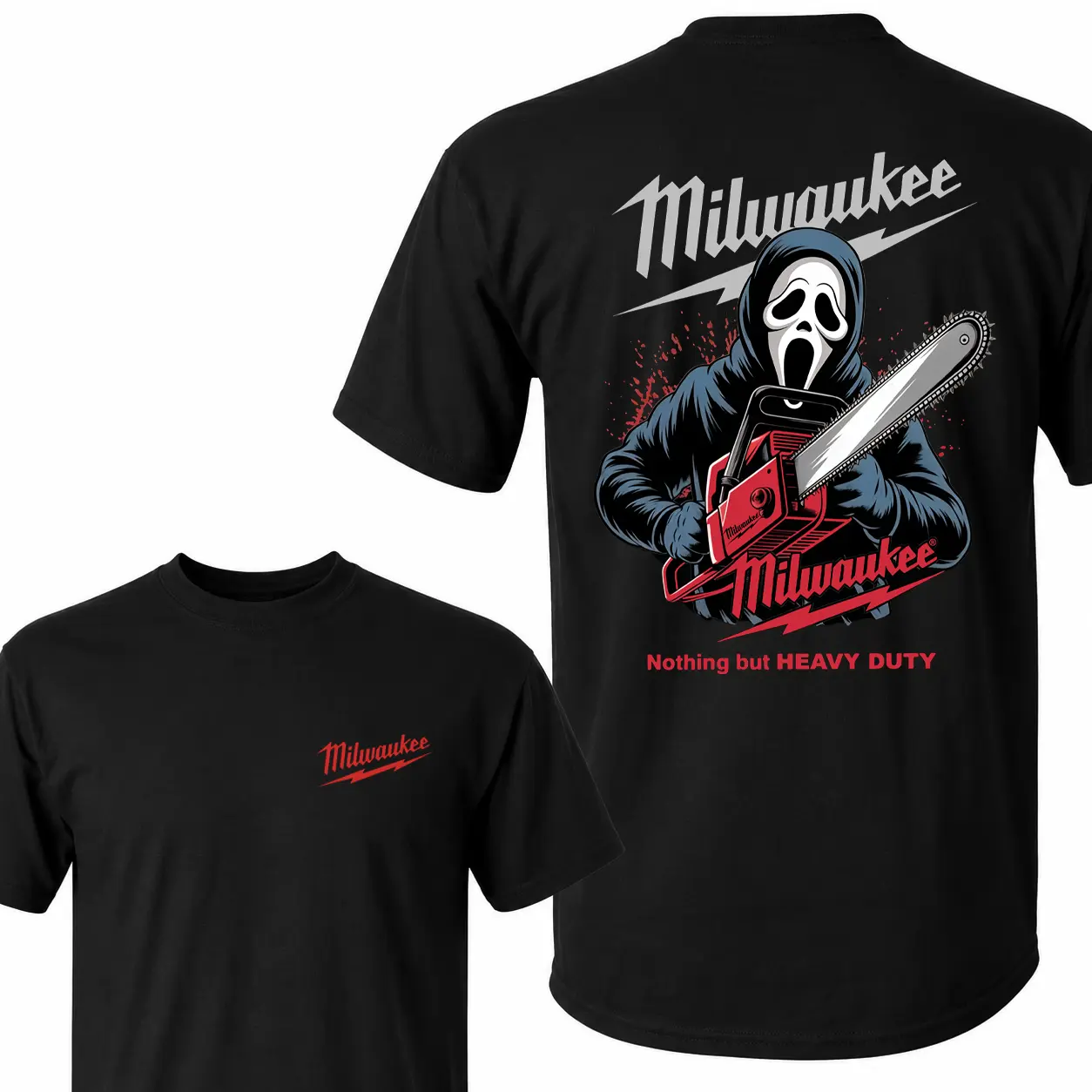 Milwaukee Heavy Duty Ghostface Chainsaw Horror Movie Graphic Tee, Front and Back Print Slim Fit Cotton T-Shirt, Casual Streetwear