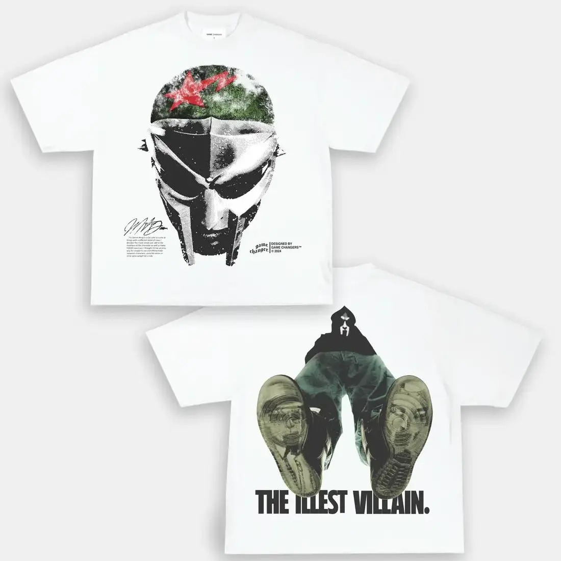 MF DOOM The Illest Villain Metal Mask Rap Graphic Tee, Hip Hop Streetwear Double-Sided Print Heavyweight Relaxed Fit Cotton T-Shirt
