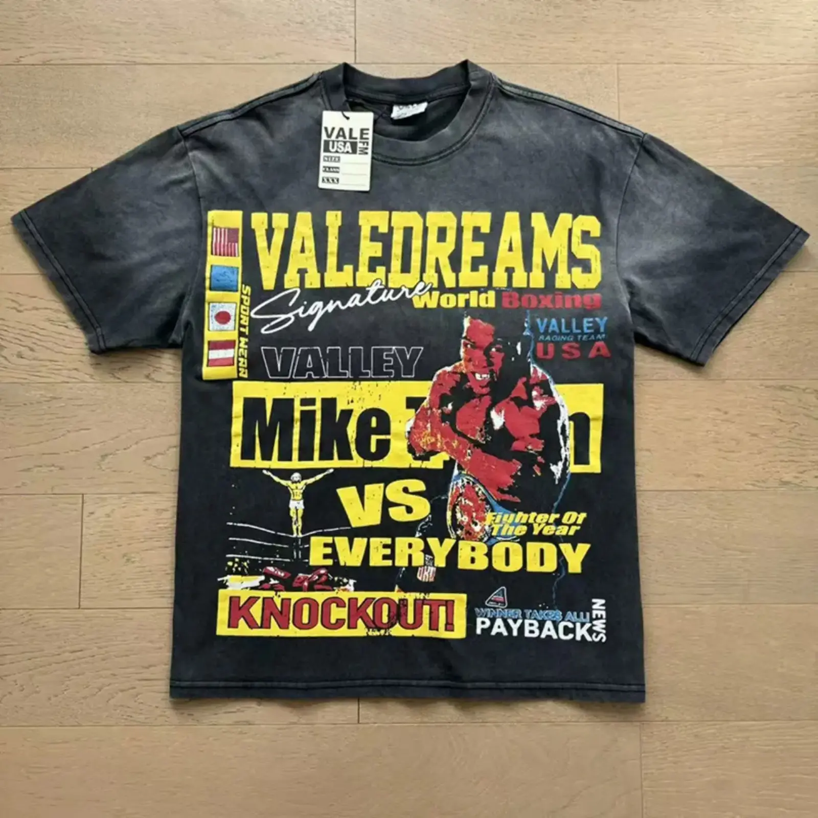 Vale Dreams World Boxing Fighter Poster Acid Wash Graphic Tee, Y2K Retro Sports Club Heavyweight Drop Shoulder Loose Fit T-Shirt