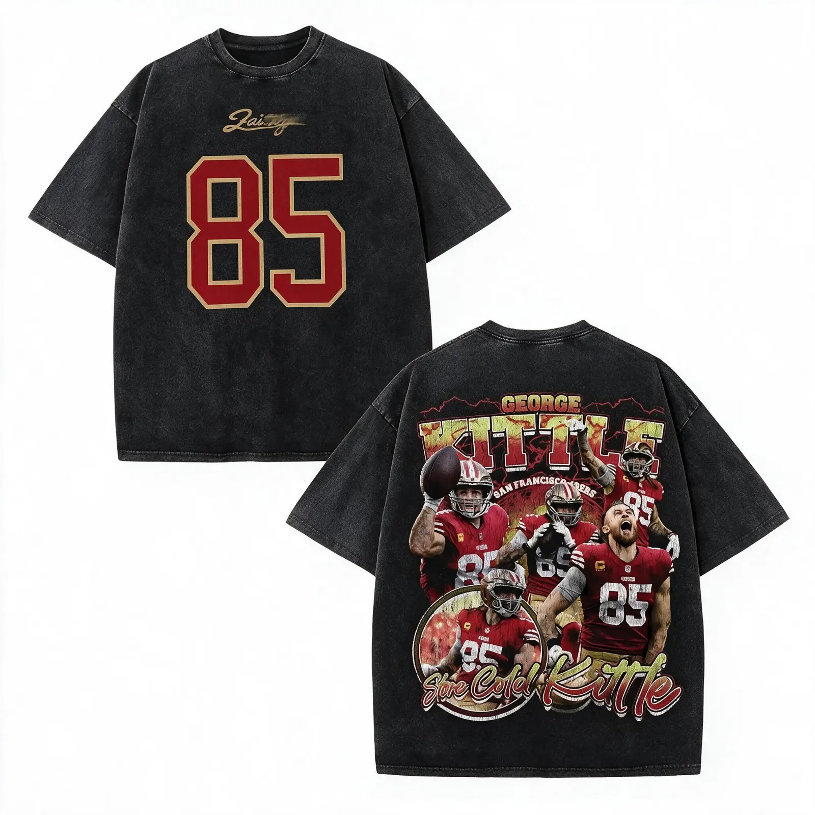 George Kittle 85 San Francisco 49ers Faithful Niner Gang Football Graphic Tee, Vintage Acid Washed Oversized Heavyweight Two-Sided T-Shirt