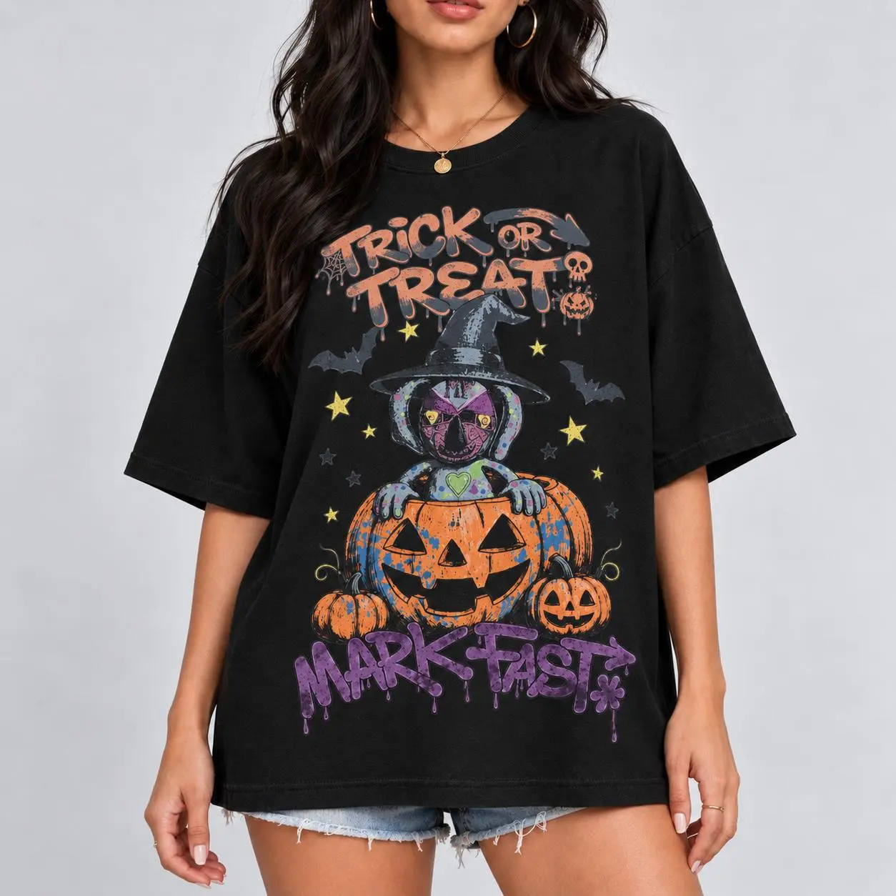 Mark Fast Trick or Treat Witch Cat Pumpkin Halloween Graphic Tee, Vintage Spooky Season Oversized Baggy Unisex Cotton T-Shirt