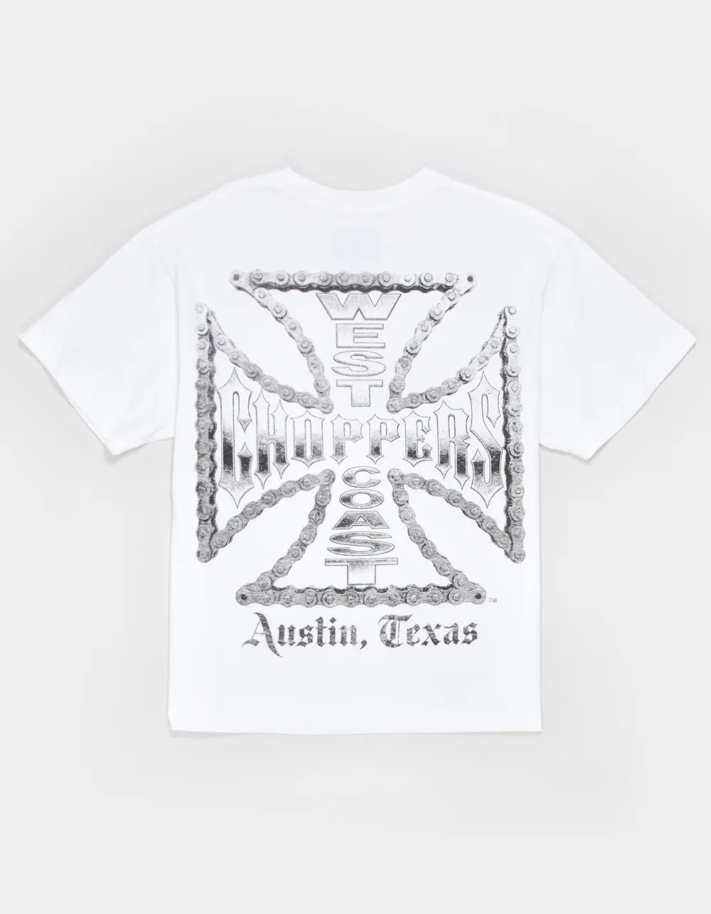 West Coast Choppers Broken Spoke Austin Texas Iron Cross Graphic Tee, Biker Motorcycle Front and Back Print Boxy Fit Cotton T-Shirt