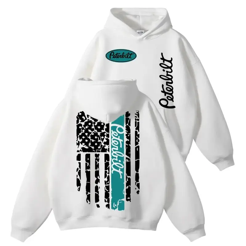 Peterbilt American Flag Hoodie, Distressed Flag Blue Stripe Semi Truck Graphic, Vintage USA Trucker Life Front and Back Print Pullover
