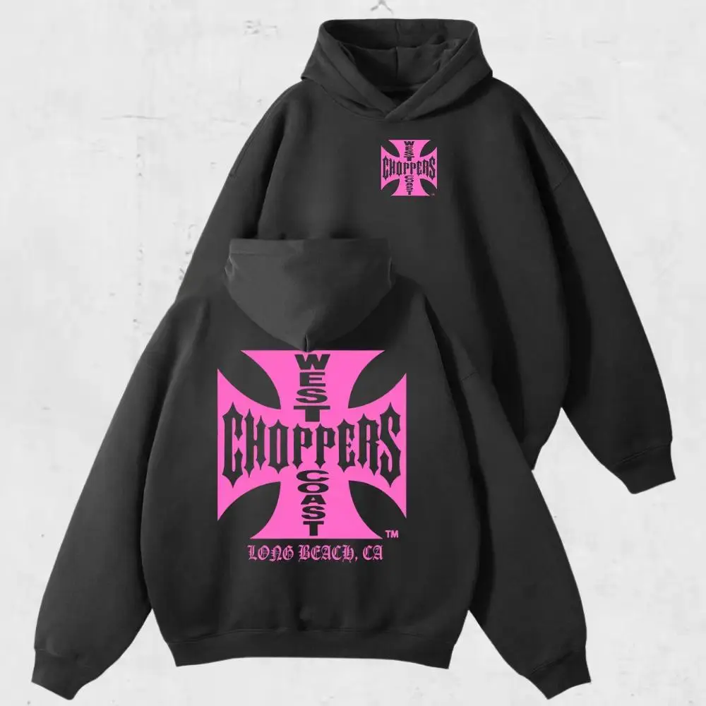 West Coast Choppers Long Beach CA Iron Cross Vintage Motorcycle Graphic Hoodie, Retro Biker Moto Streetwear Hooded Sweatshirt Pullover