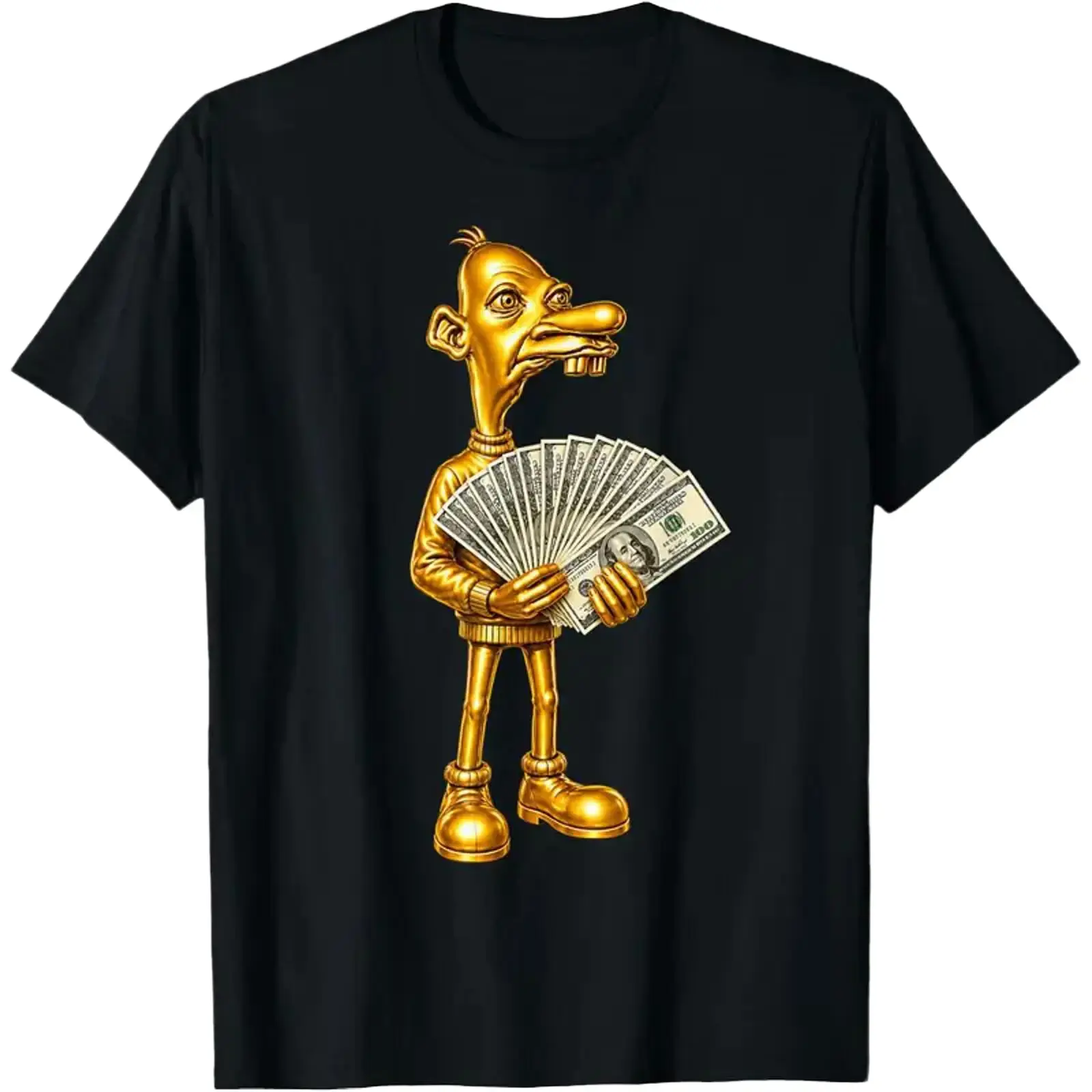 Golden Money Meme Cartoon Graphic Tee, Funny Gold Character Holding Cash Stack Print Men's Cotton Streetwear Short Sleeve T-Shirt