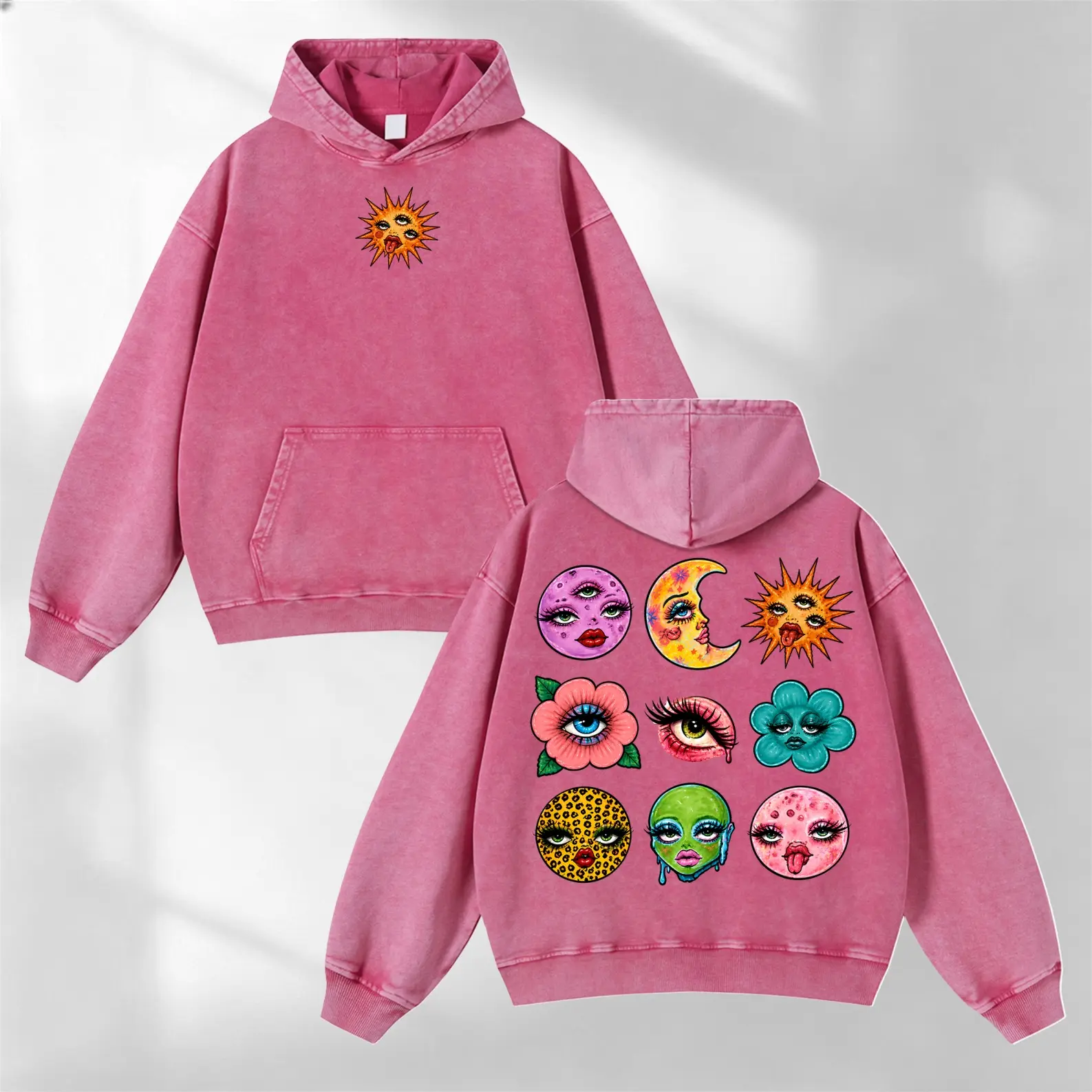 Trippy Sun Moon Flower Alien Cartoon Faces Back Print Hoodie, Vintage Washed Oversized Y2K Streetwear Front and Back Graphic Pullover