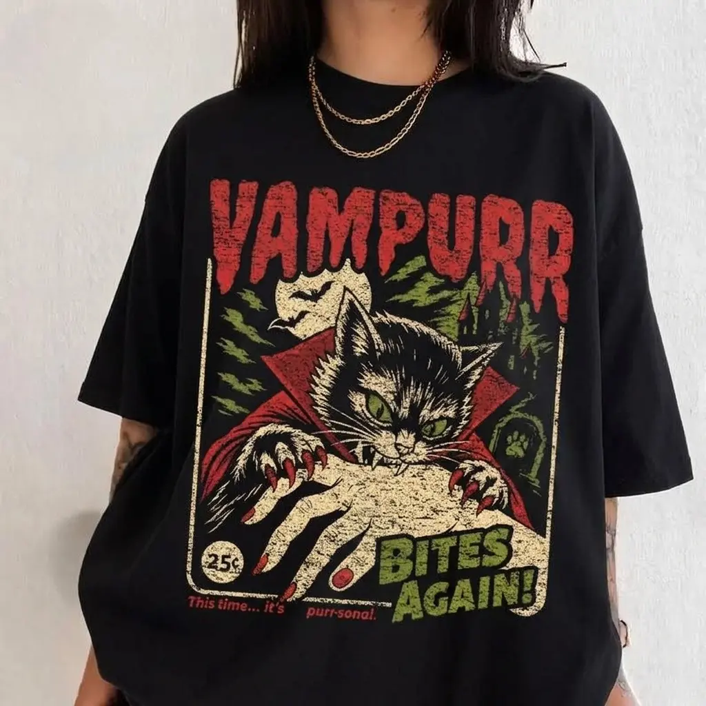 Vampurr Bites Again Vampire Cat Graphic Tee, Vintage Halloween Cute Gothic Retro Spooky Comic Print Unisex Casual Streetwear T-Shirt