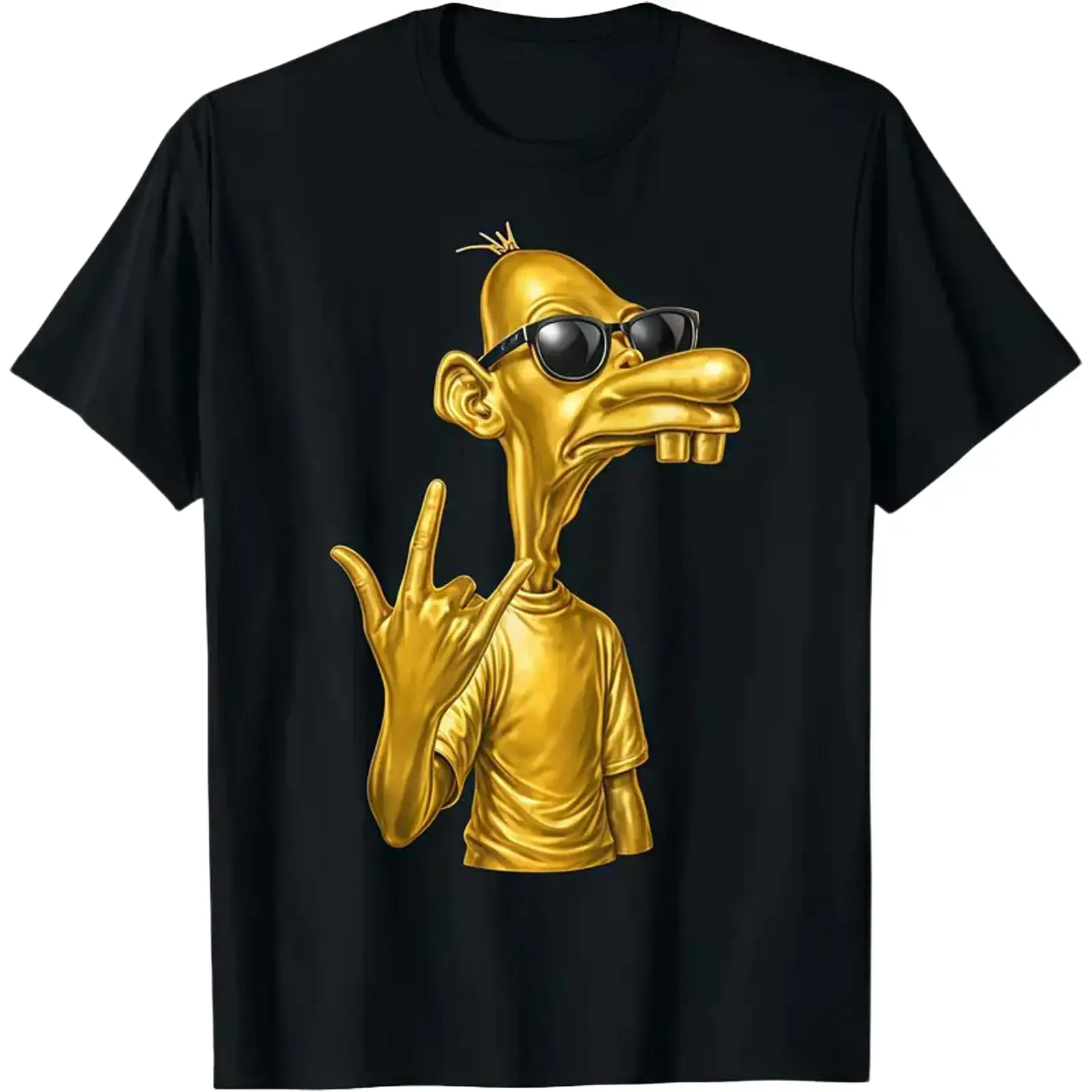 Golden Cartoon Character Sunglasses Rock Hand Sign Meme Graphic Tee, Funny Streetwear Cotton Short Sleeve Unisex T-Shirt for Men
